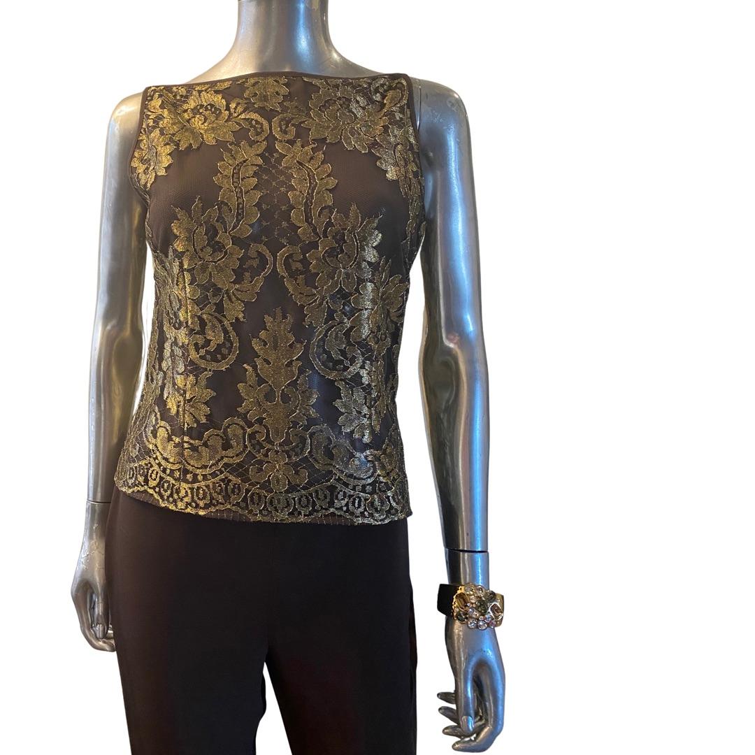 Valentino Italy Chocolate & Metallic Gold Blouse and Trouser Set Size 6-8 In Good Condition For Sale In Palm Springs, CA