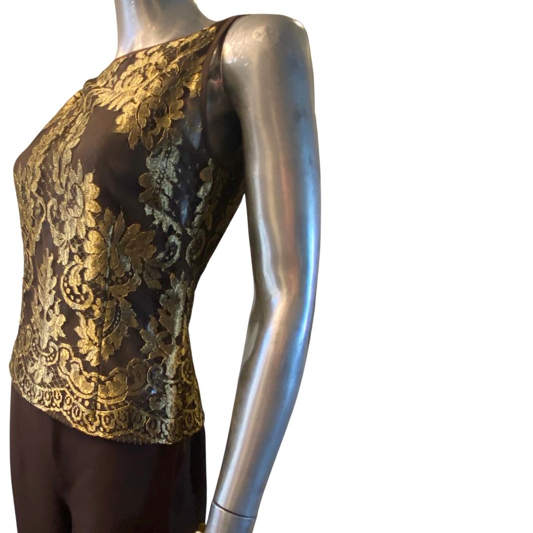 Valentino Italy Chocolate & Metallic Gold Blouse and Trouser Set Size 6-8 For Sale 3