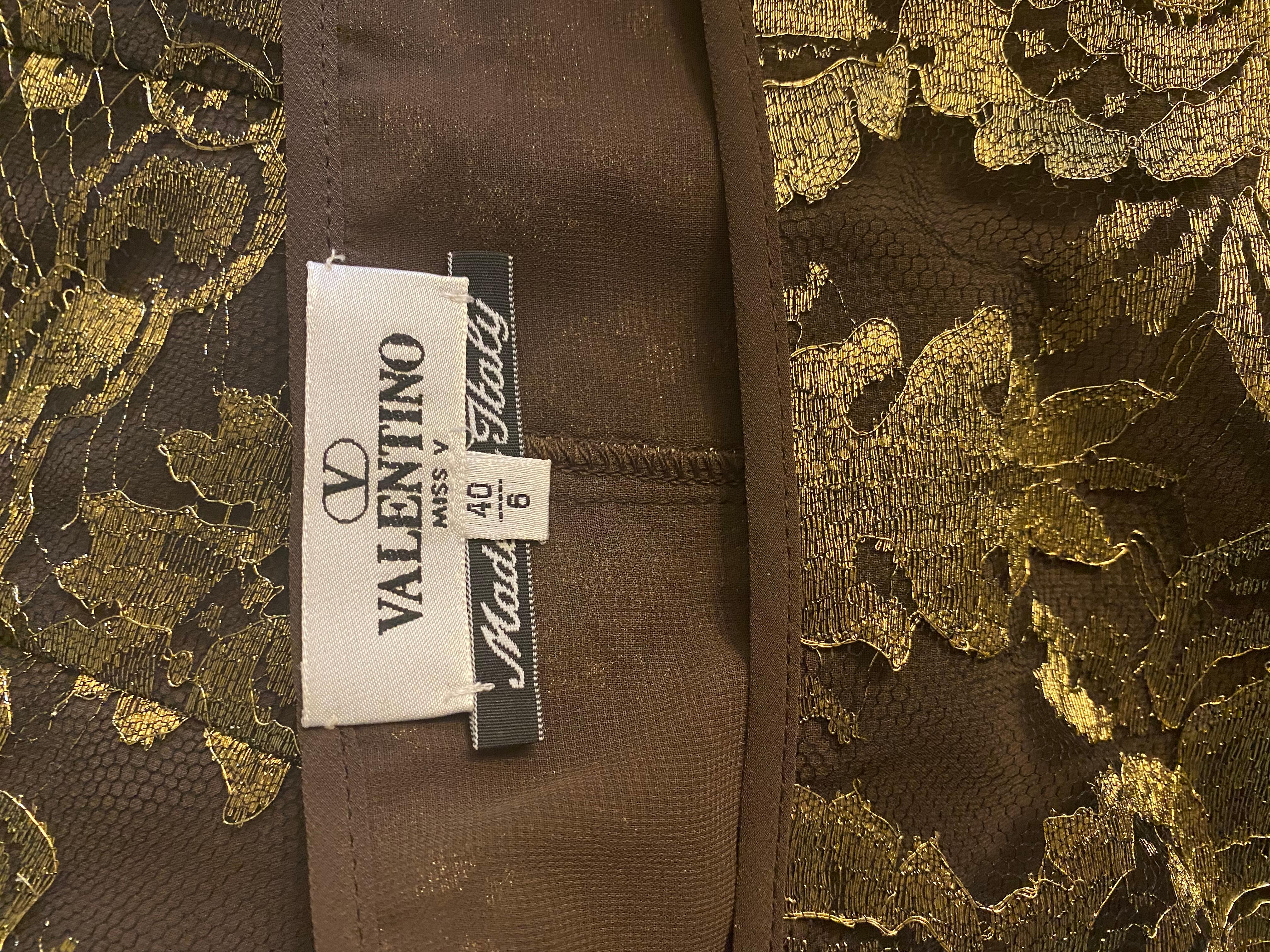 Valentino Italy Chocolate & Metallic Gold Blouse and Trouser Set Size 6-8 For Sale 4