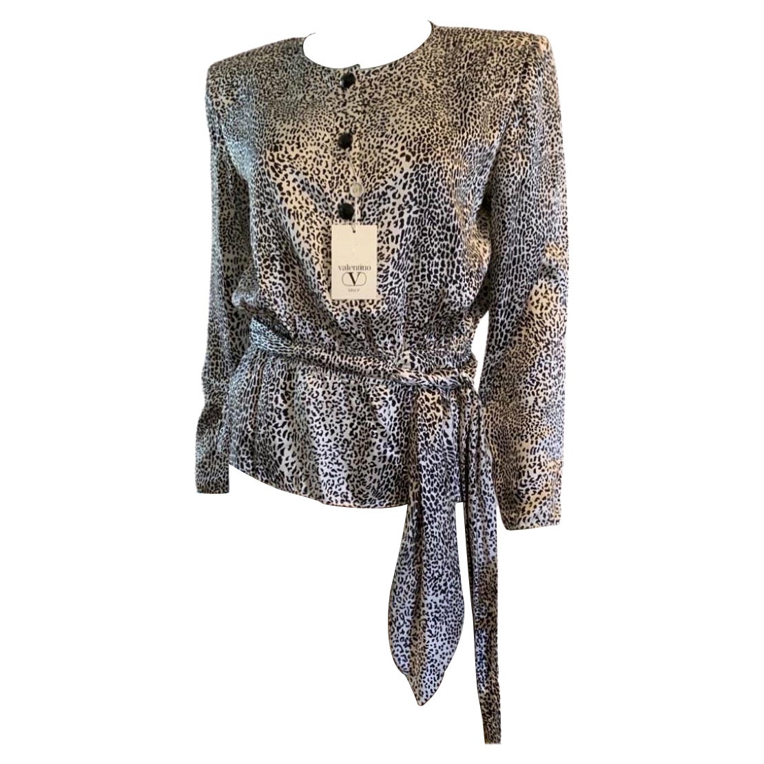 Valentino Italien Miss V Vintage Schwarz-Weiße Seidenbluse mit Tiermuster NWT Größe 8 (Grau) im Angebot