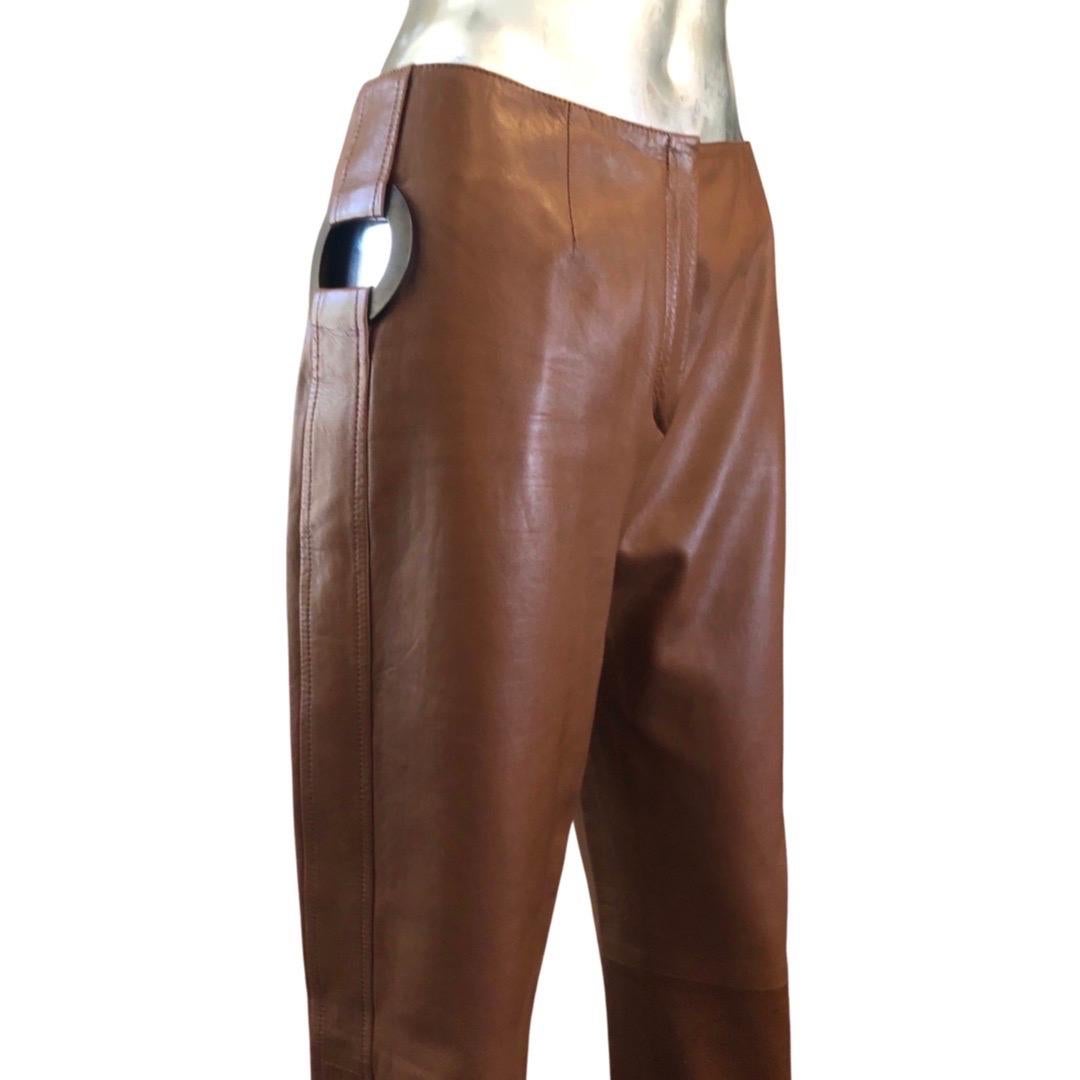 Valentino Italy Runway Collection Cognac Vintage Leather Pants with Rings Size 8 For Sale 4