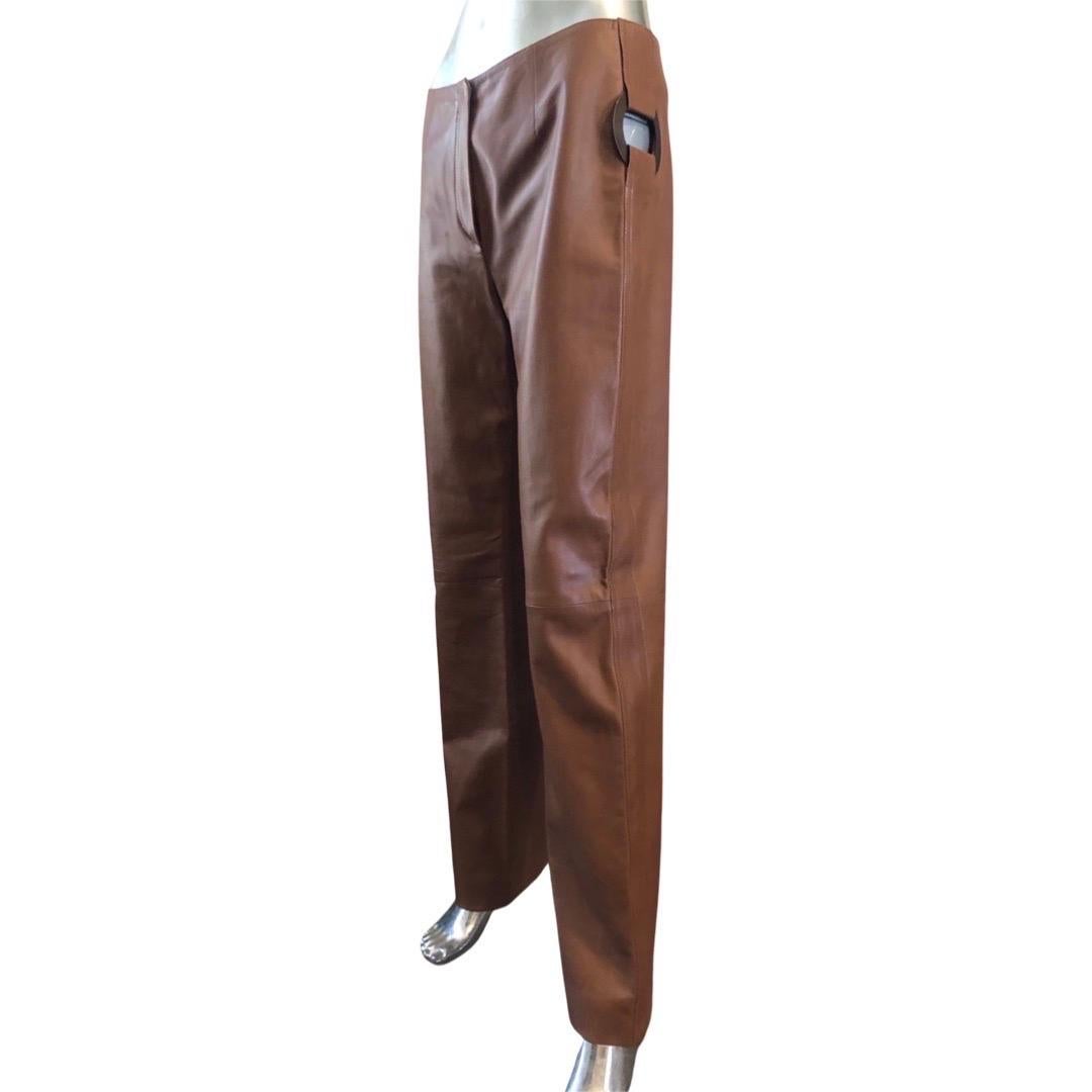 Valentino Italy Runway Collection Cognac Vintage Leather Pants with Rings Size 8 For Sale 5