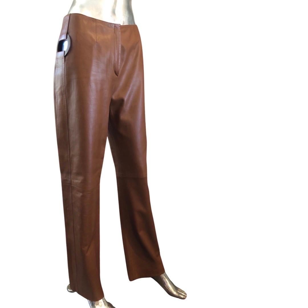 Valentino Italy Runway Collection Cognac Vintage Leather Pants with Rings Size 8 For Sale 7