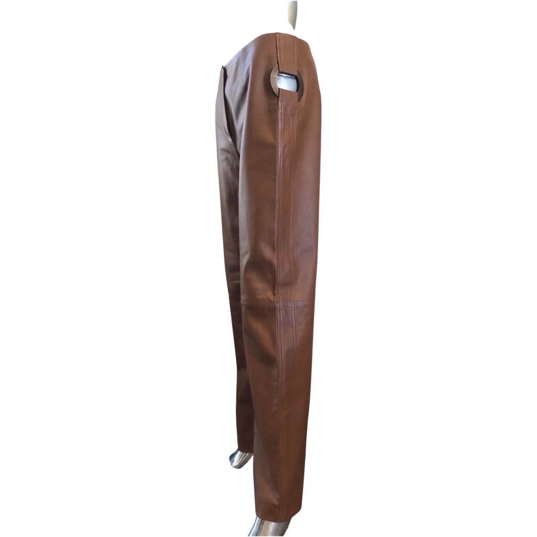 Brown Valentino Italy Runway Collection Cognac Vintage Leather Pants with Rings Size 8 For Sale
