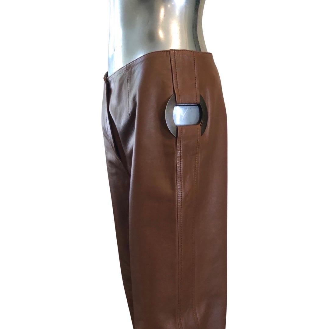 Women's Valentino Italy Runway Collection Cognac Vintage Leather Pants with Rings Size 8 For Sale