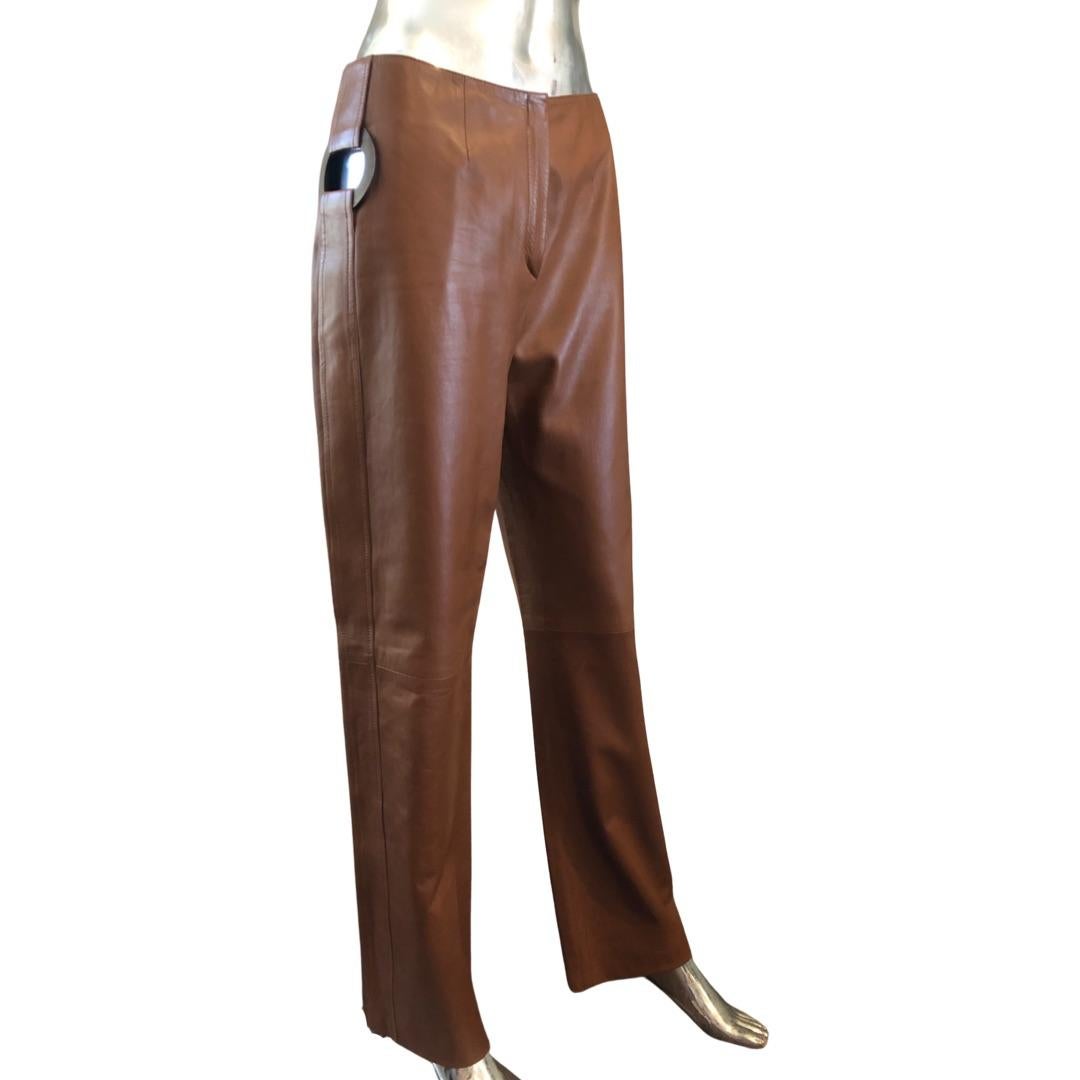 Valentino Italy Runway Collection Cognac Vintage Leather Pants with Rings Size 8 In Good Condition For Sale In Palm Springs, CA