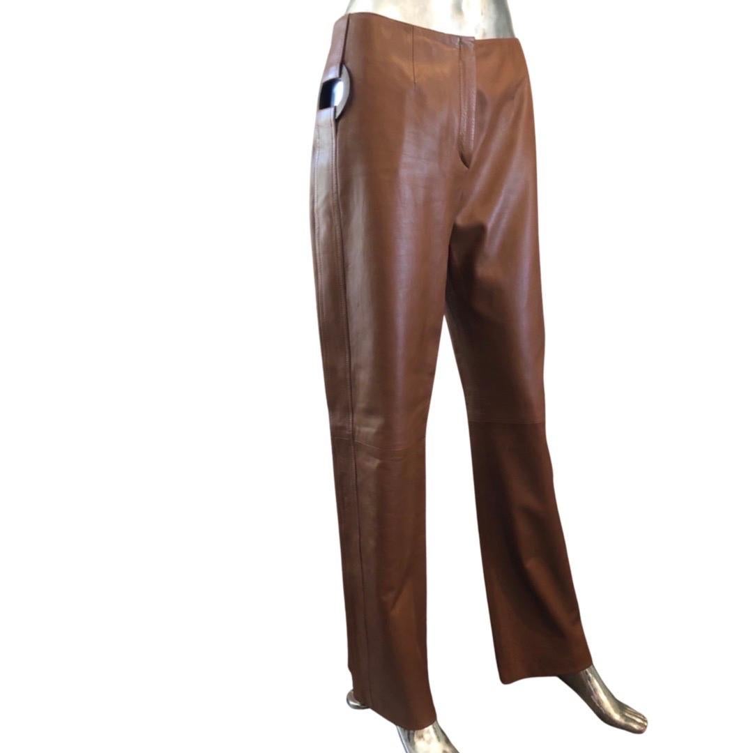 Valentino Italy Runway Collection Cognac Vintage Leather Pants with Rings Size 8 For Sale 1