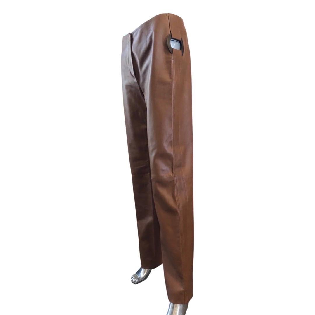 Valentino Italy Runway Collection Cognac Vintage Leather Pants with Rings Size 8 For Sale 3