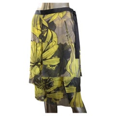 Valentino Italy Signature Chartreuse Floral Silk Print Tiered Skirt Size 12