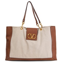 VALENTINO ivory & brown LEATHER TRIMMED CITY SAFARI Tote Bag vlogo