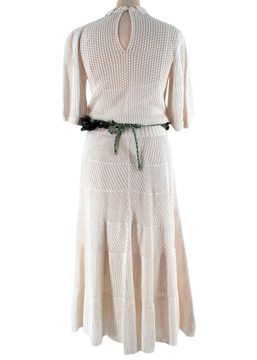 Beige Valentino Ivory Crochet Knitted Dress with Flower Knit Belt - Size S