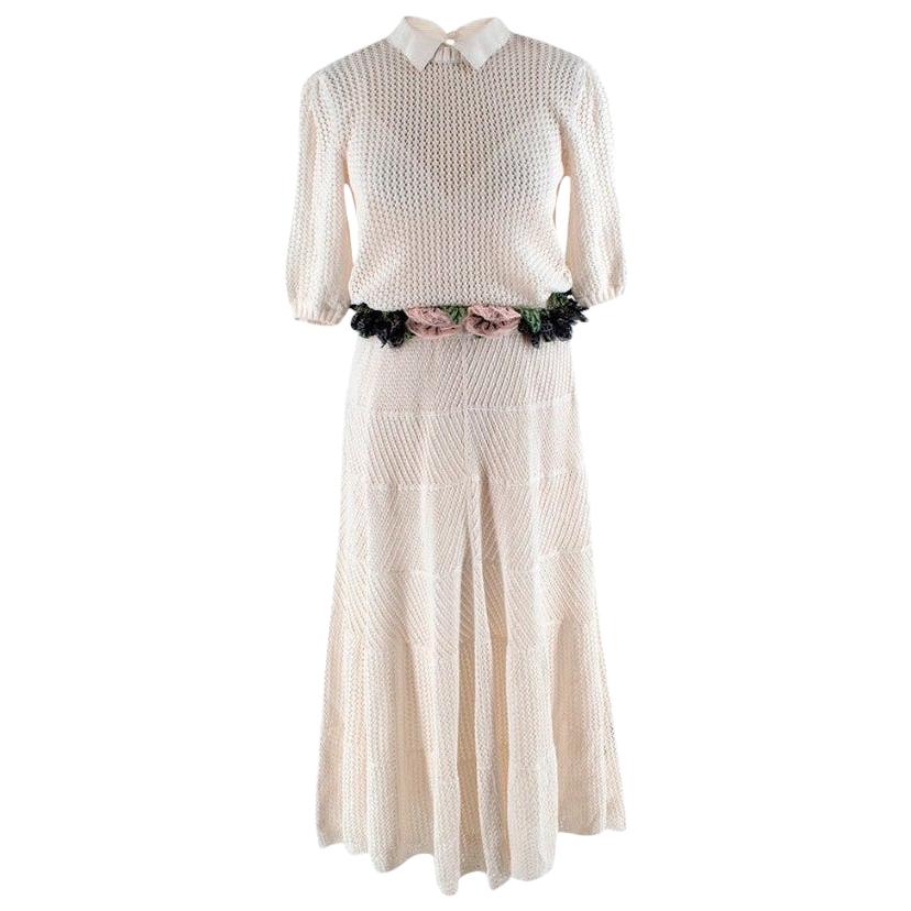 Valentino Ivory Crochet Knitted Dress with Flower Knit Belt - Size S