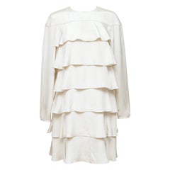 VALENTINO Ivory Dress Long Sleeve Knee Length Silk Tiered Crew Neck Sz 6