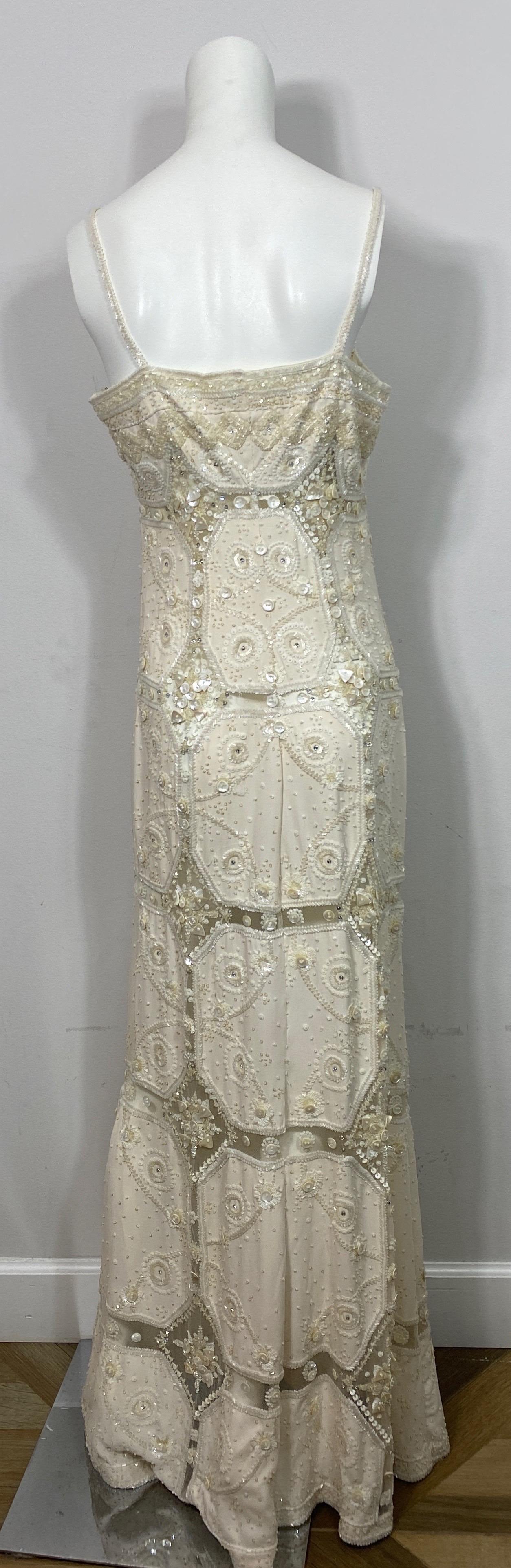 Valentino Ivory Heavily Embellished Beaded Silk and Mesh Gown - Size 12 6