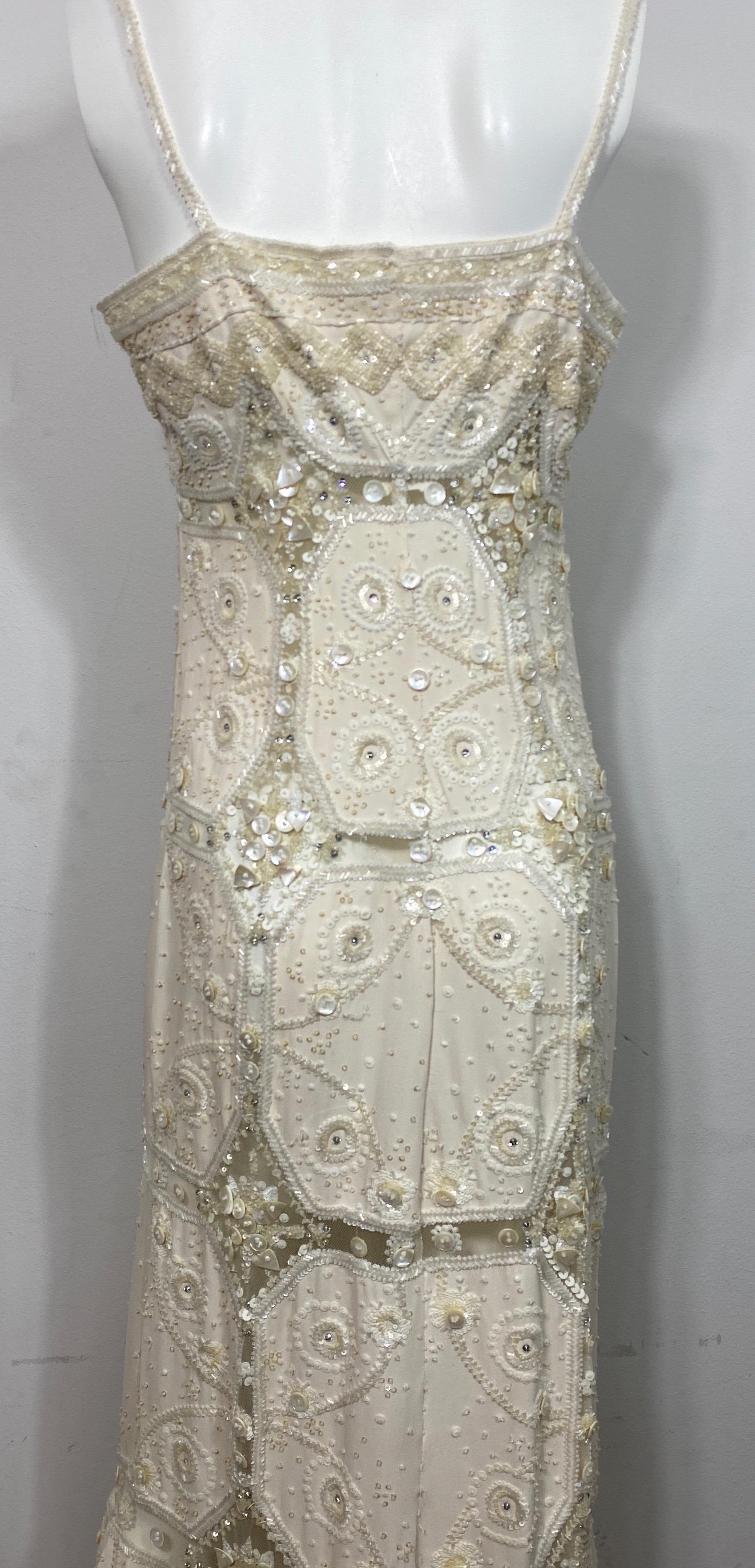 Valentino Ivory Heavily Embellished Beaded Silk and Mesh Gown - Size 12 7
