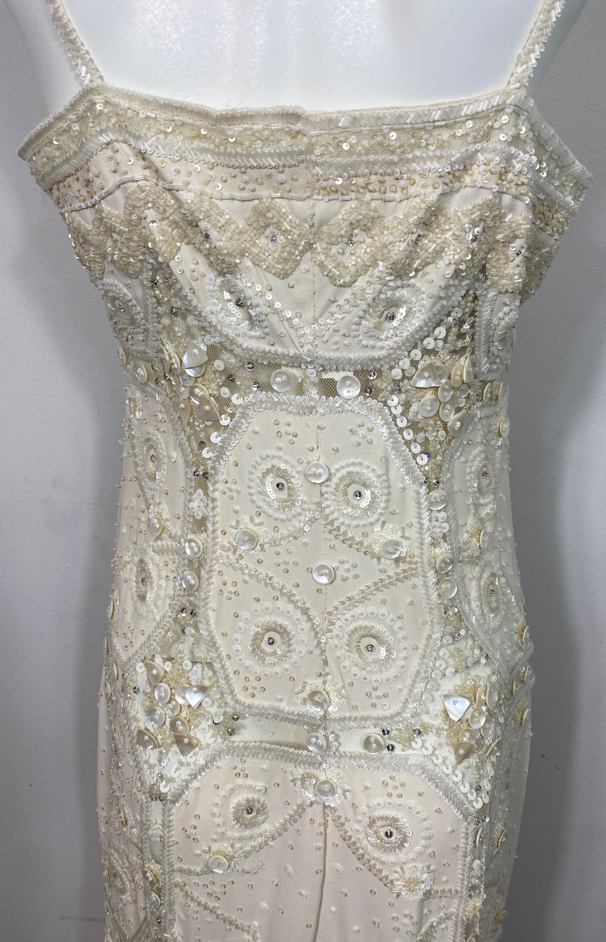 Valentino Ivory Heavily Embellished Beaded Silk and Mesh Gown - Size 12 8