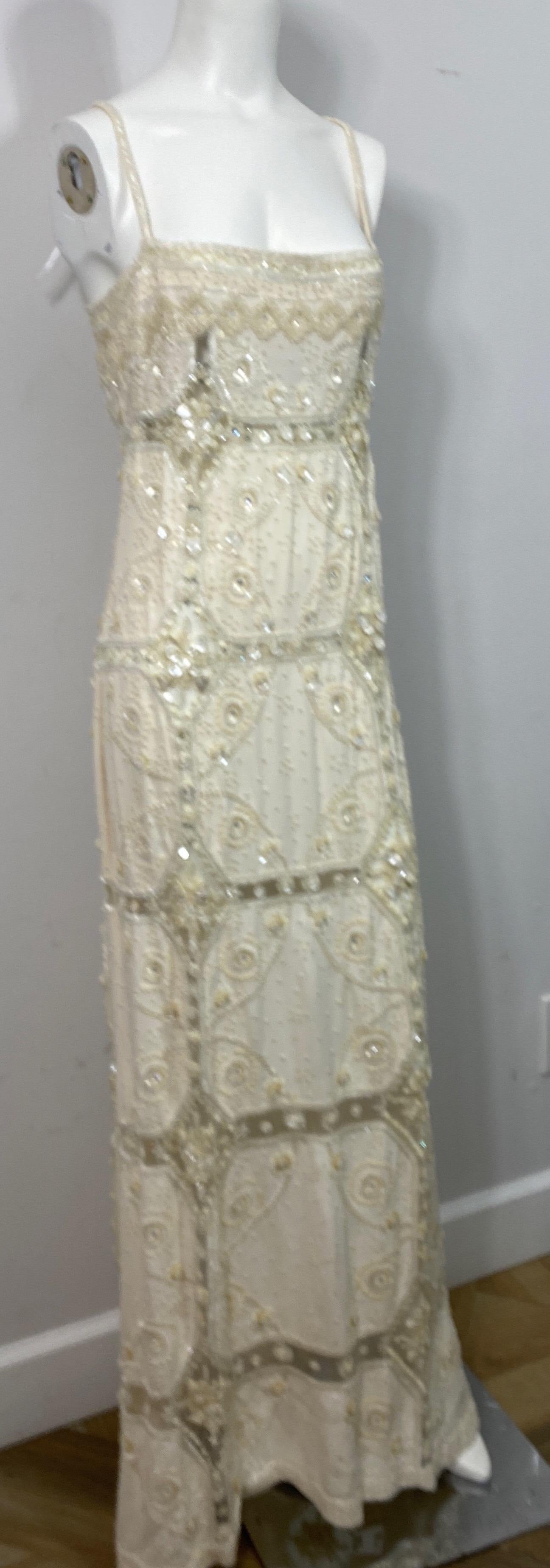 Women's Valentino Ivory Heavily Embellished Beaded Silk and Mesh Gown - Size 12