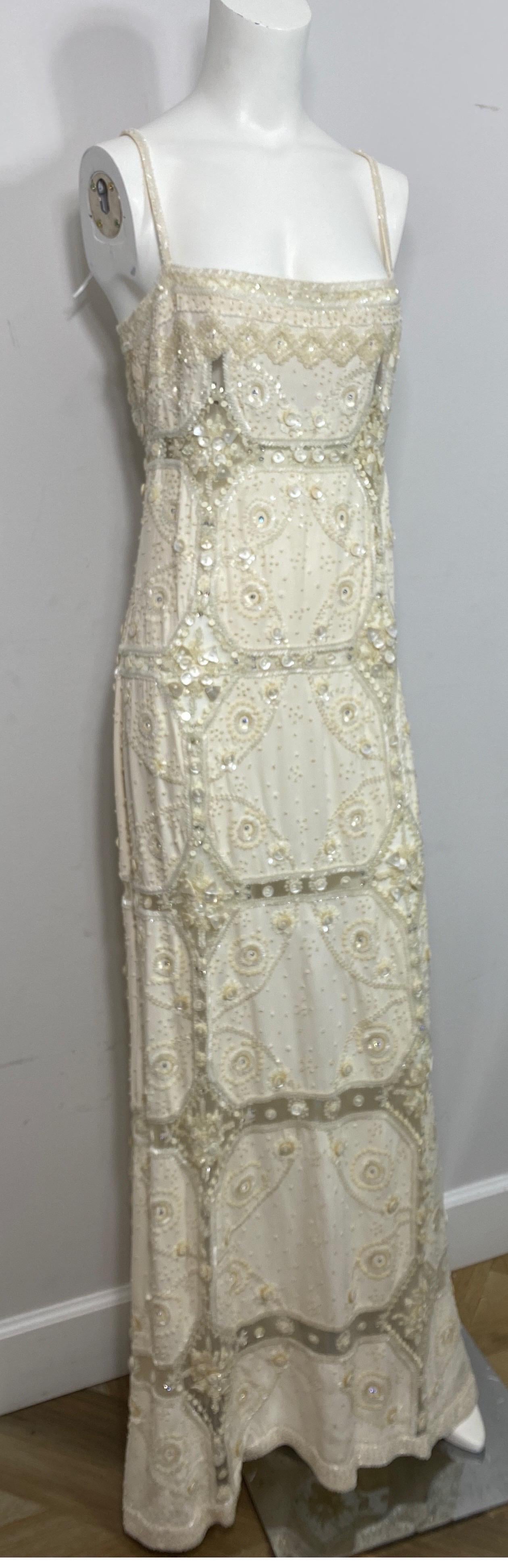 Valentino Ivory Heavily Embellished Beaded Silk and Mesh Gown - Size 12 1