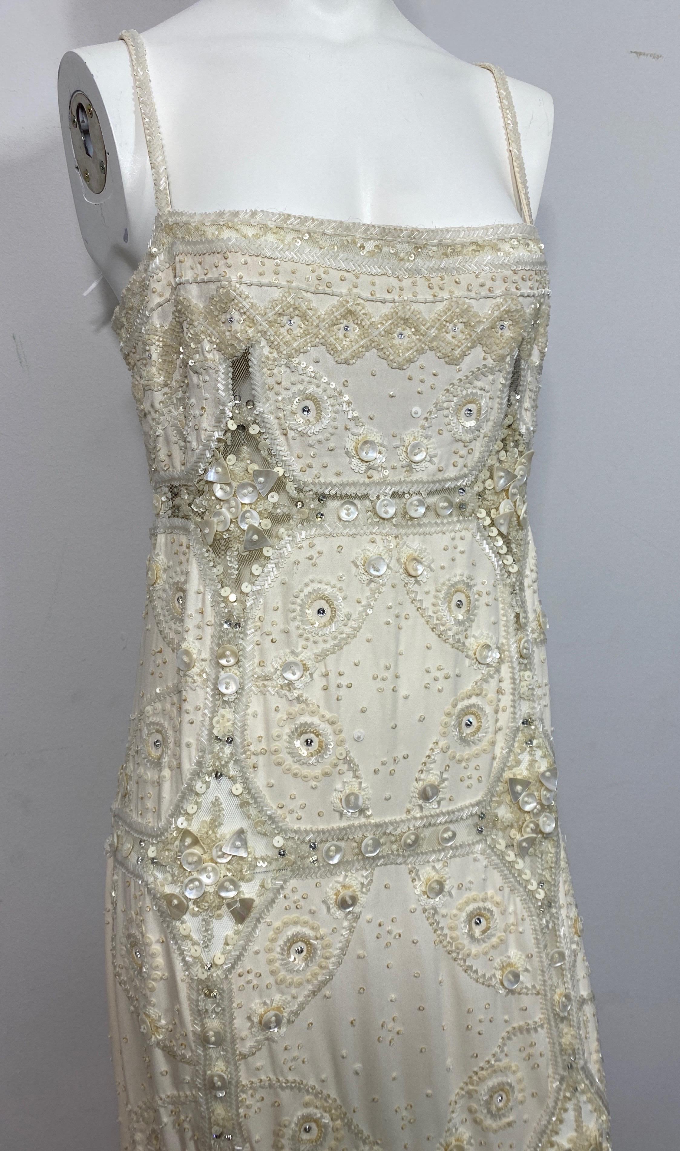 Valentino Ivory Heavily Embellished Beaded Silk and Mesh Gown - Size 12 2