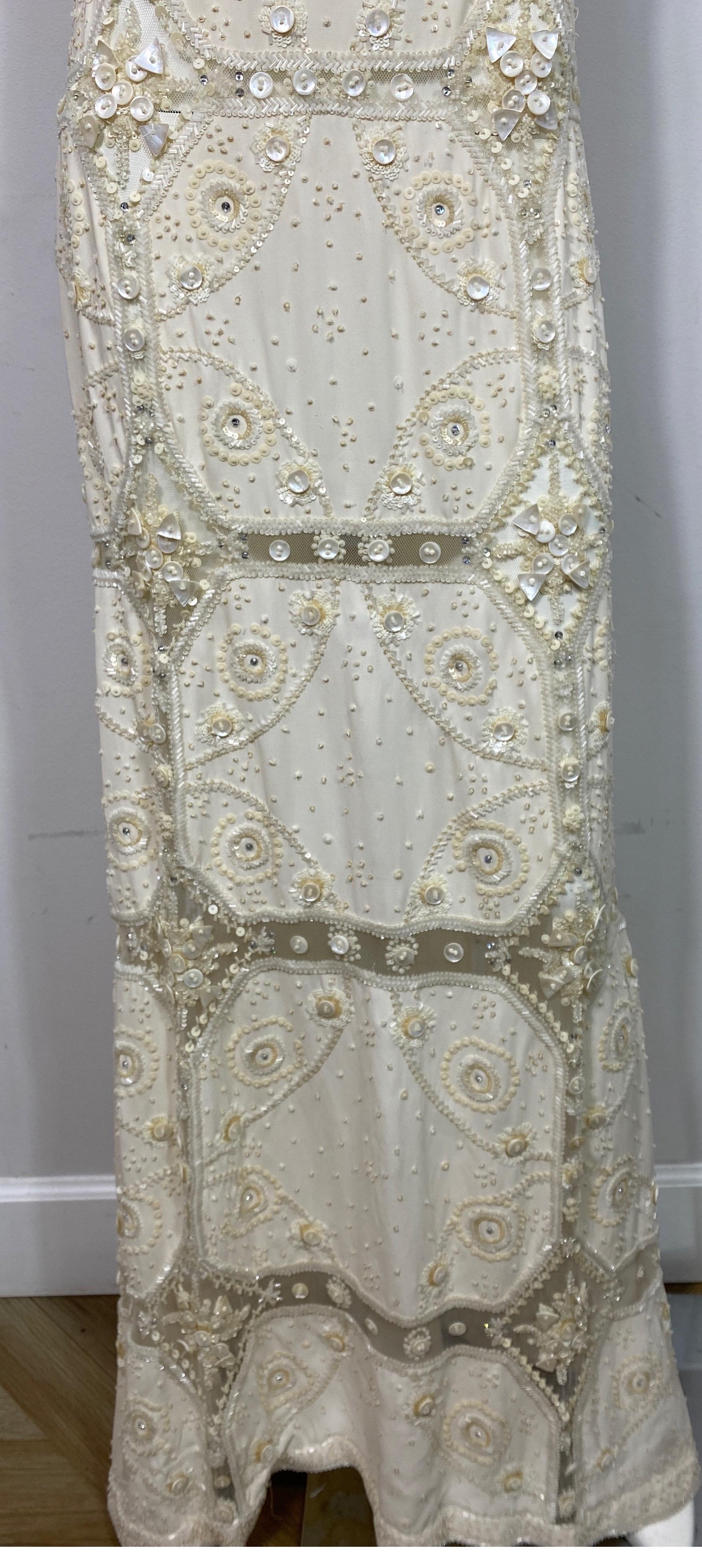Valentino Ivory Heavily Embellished Beaded Silk and Mesh Gown - Size 12 3