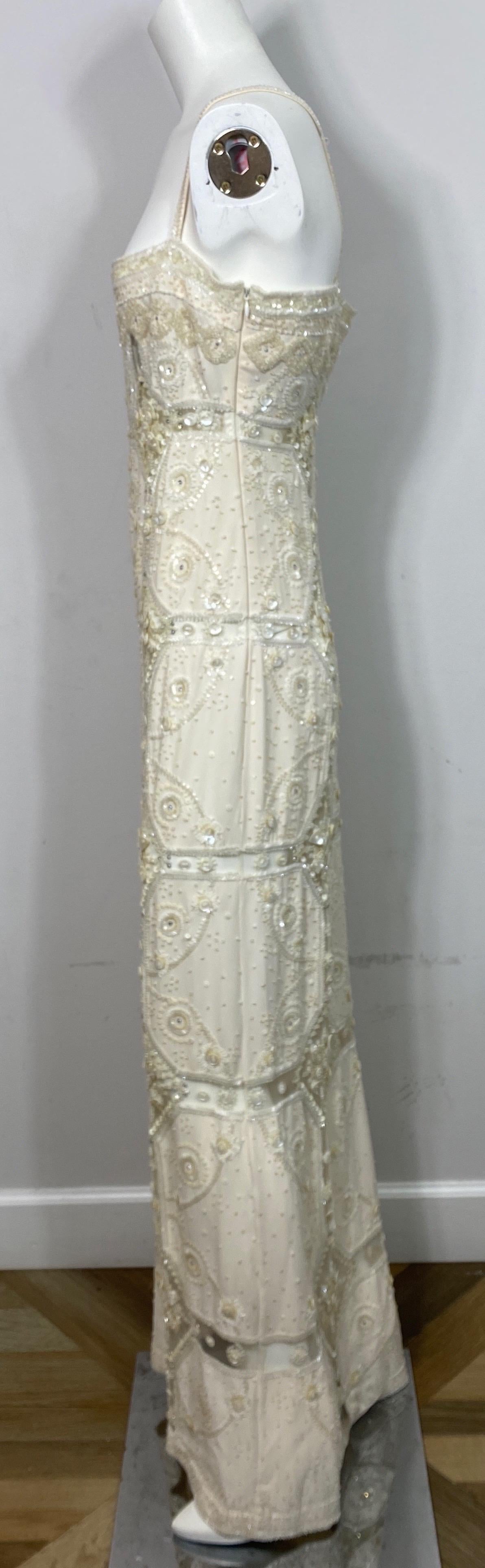 Valentino Ivory Heavily Embellished Beaded Silk and Mesh Gown - Size 12 4