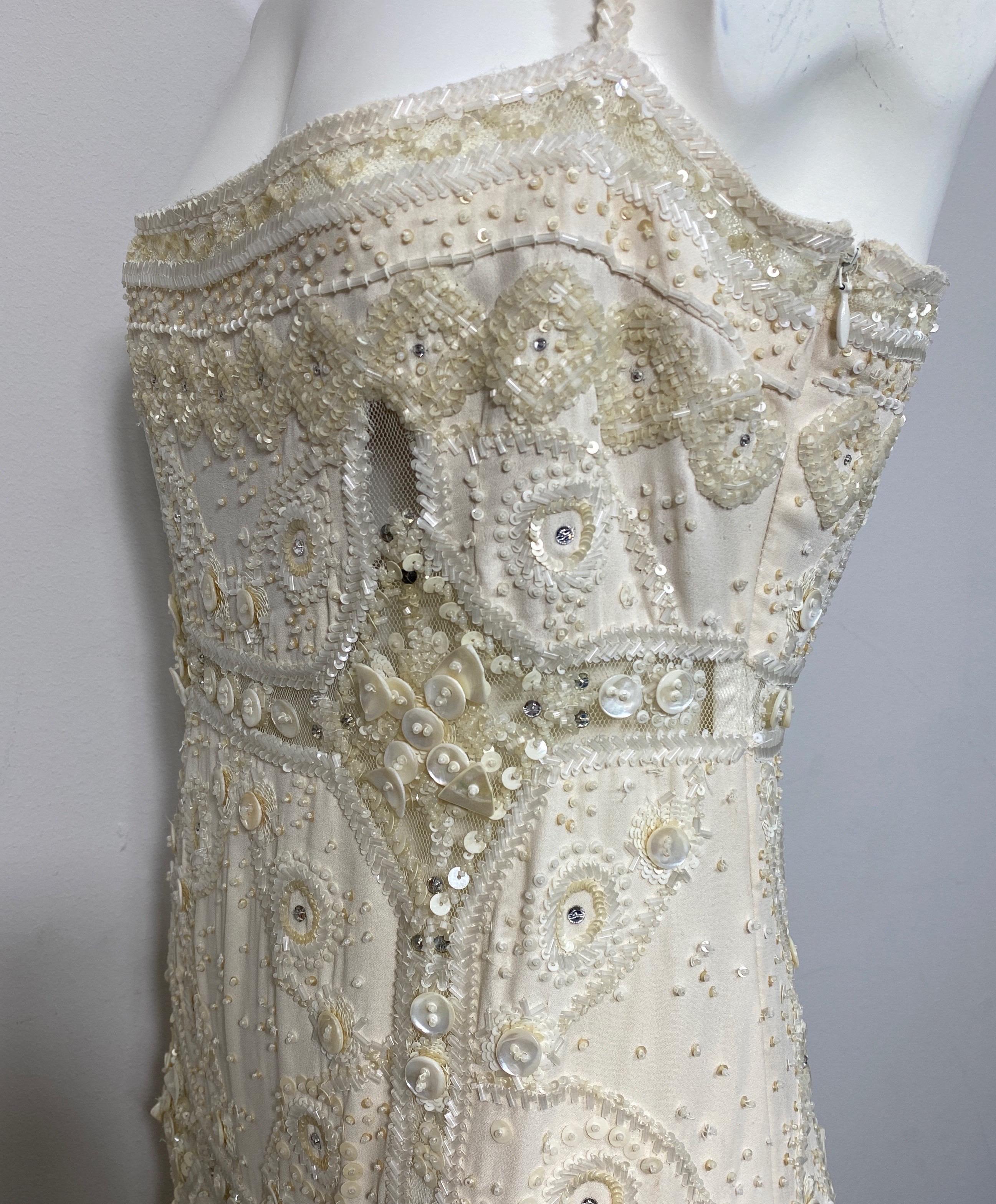 Valentino Ivory Heavily Embellished Beaded Silk and Mesh Gown - Size 12 5