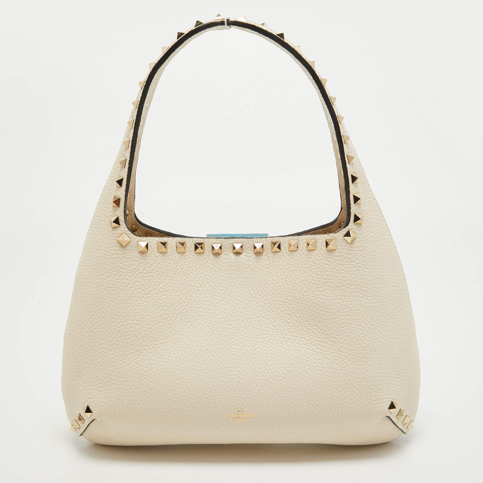 Valentino Ivory Leather Small Rockstud Hobo For Sale 7