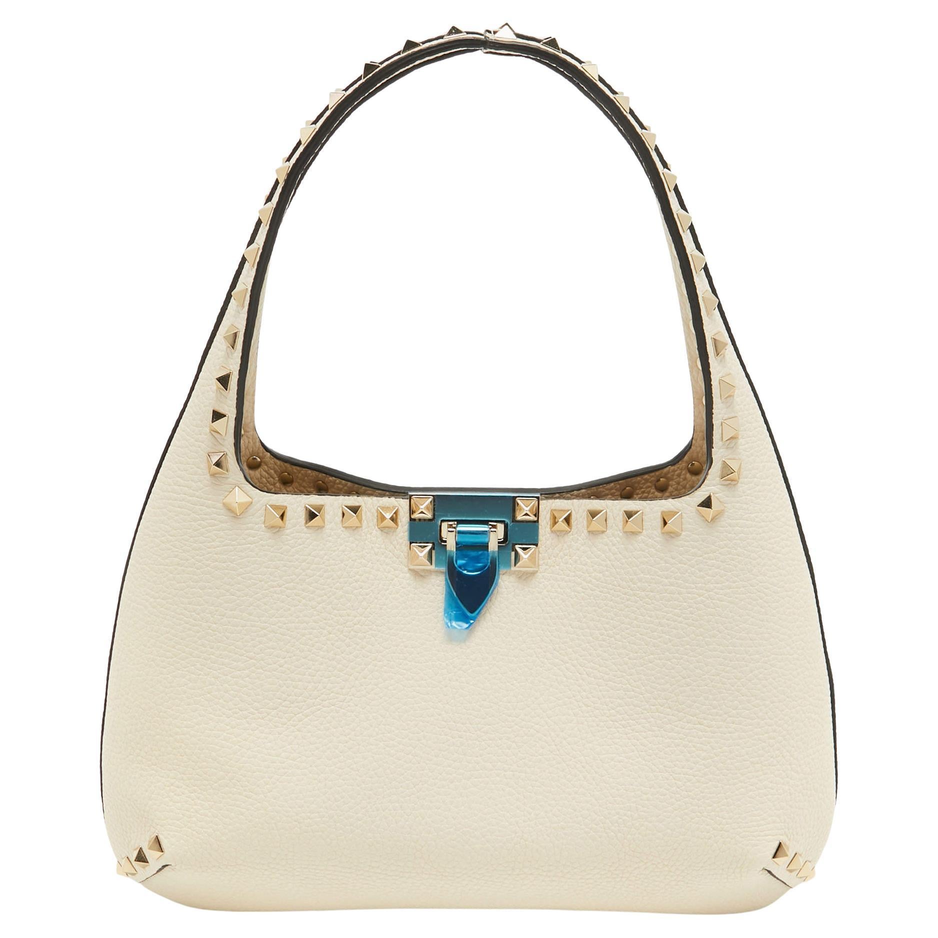 Valentino Ivory Leather Small Rockstud Hobo For Sale