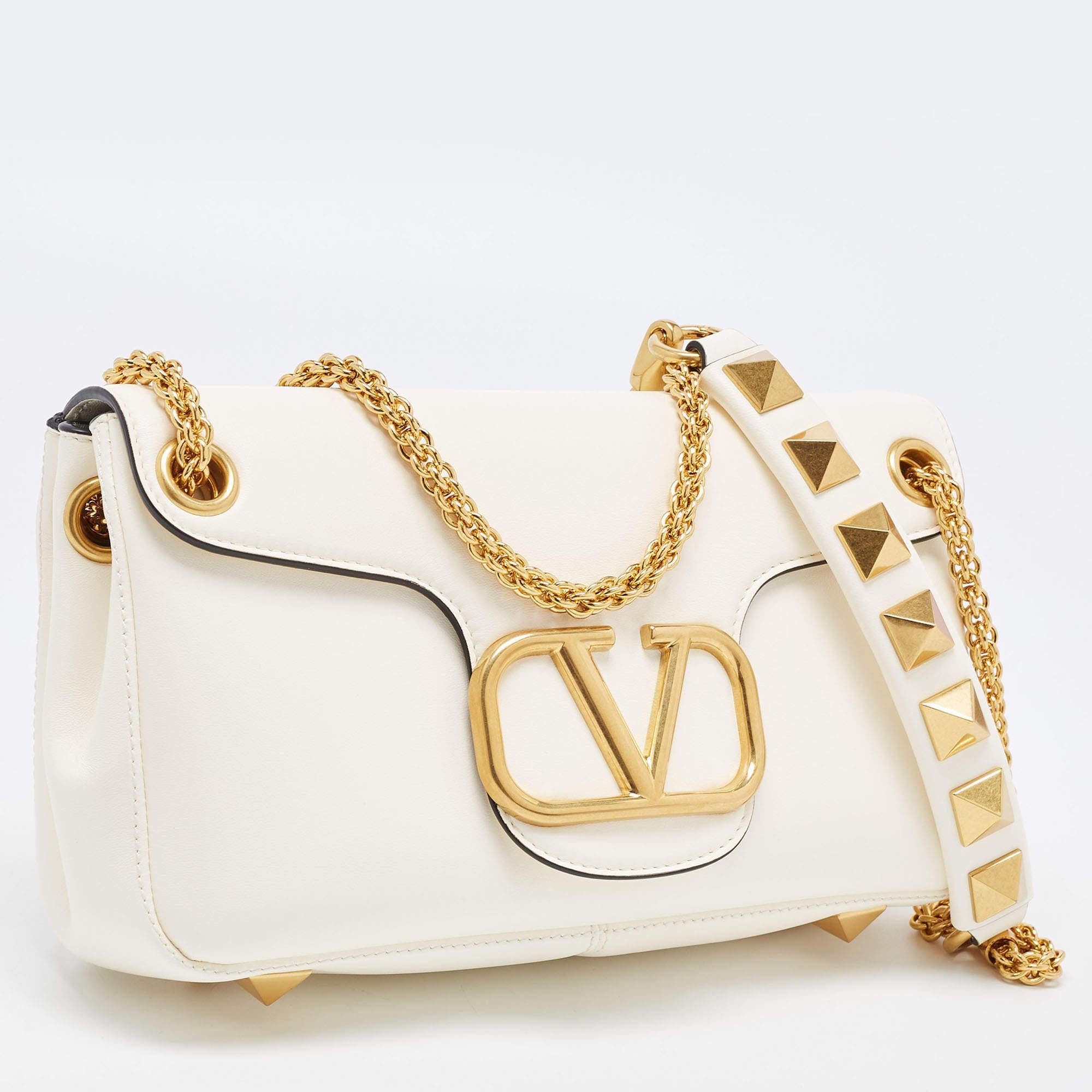 Women's Valentino Ivory Leather Stud Sign Shoulder Bag