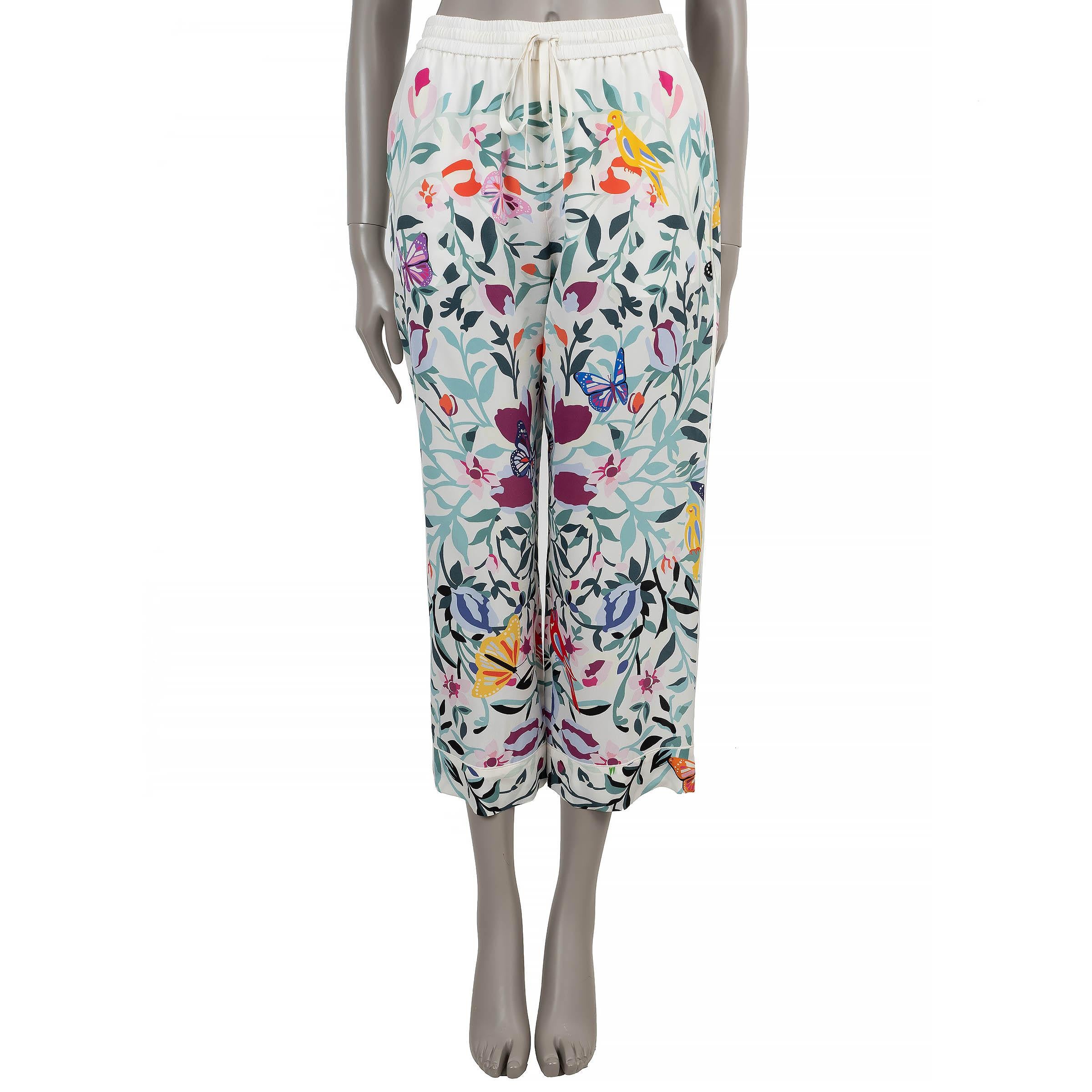VALENTINO ivory & multi silk 2022 FLORAL CROPPED PAJAMA Pants S In Excellent Condition For Sale In Zürich, CH