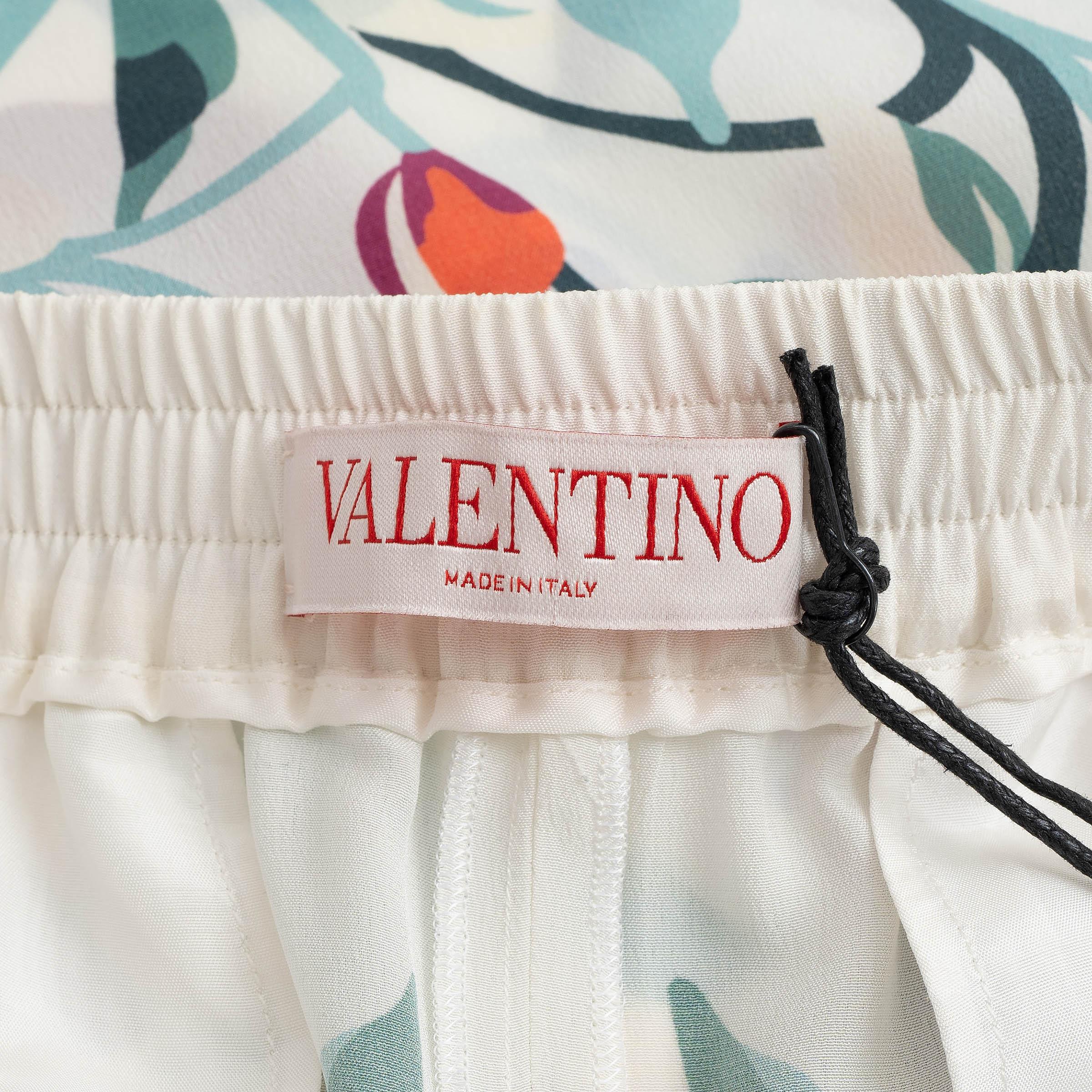 VALENTINO ivory & multi silk 2022 FLORAL CROPPED PAJAMA Pants S For Sale 1