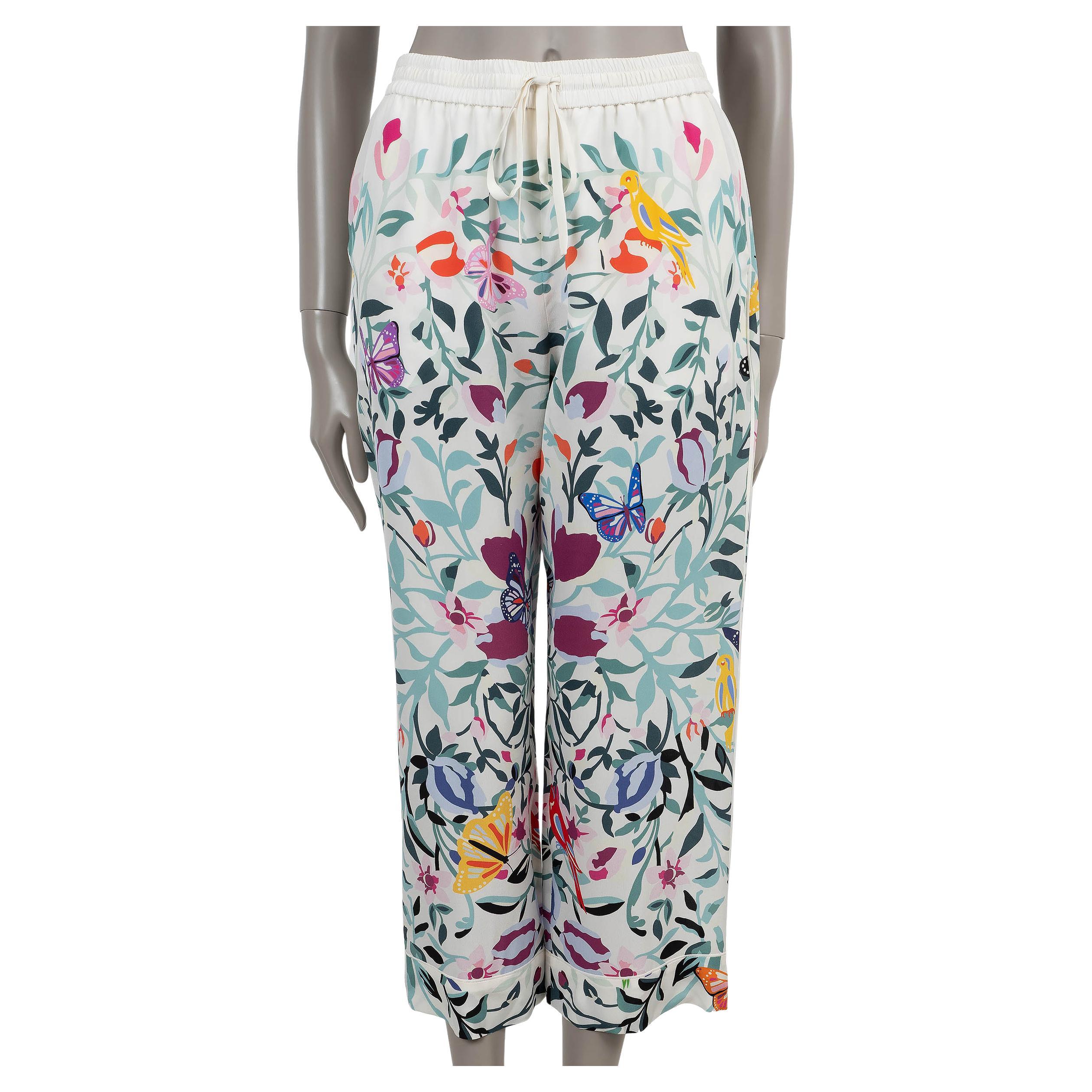 VALENTINO ivory & multi silk 2022 FLORAL CROPPED PAJAMA Pants S For Sale