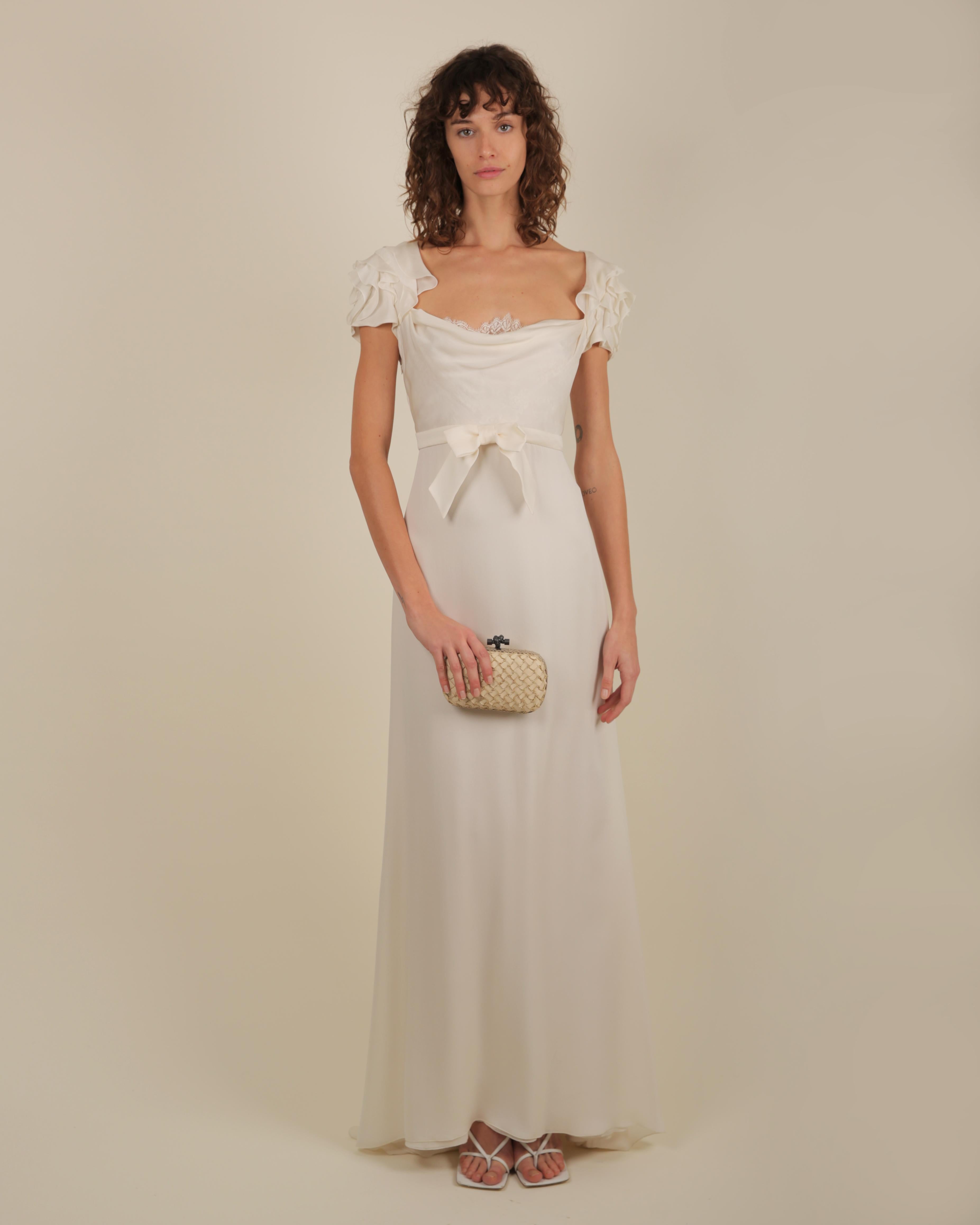 Valentino ivory peekaboo lace bust ruffle sleeve bow train wedding gown dress  5
