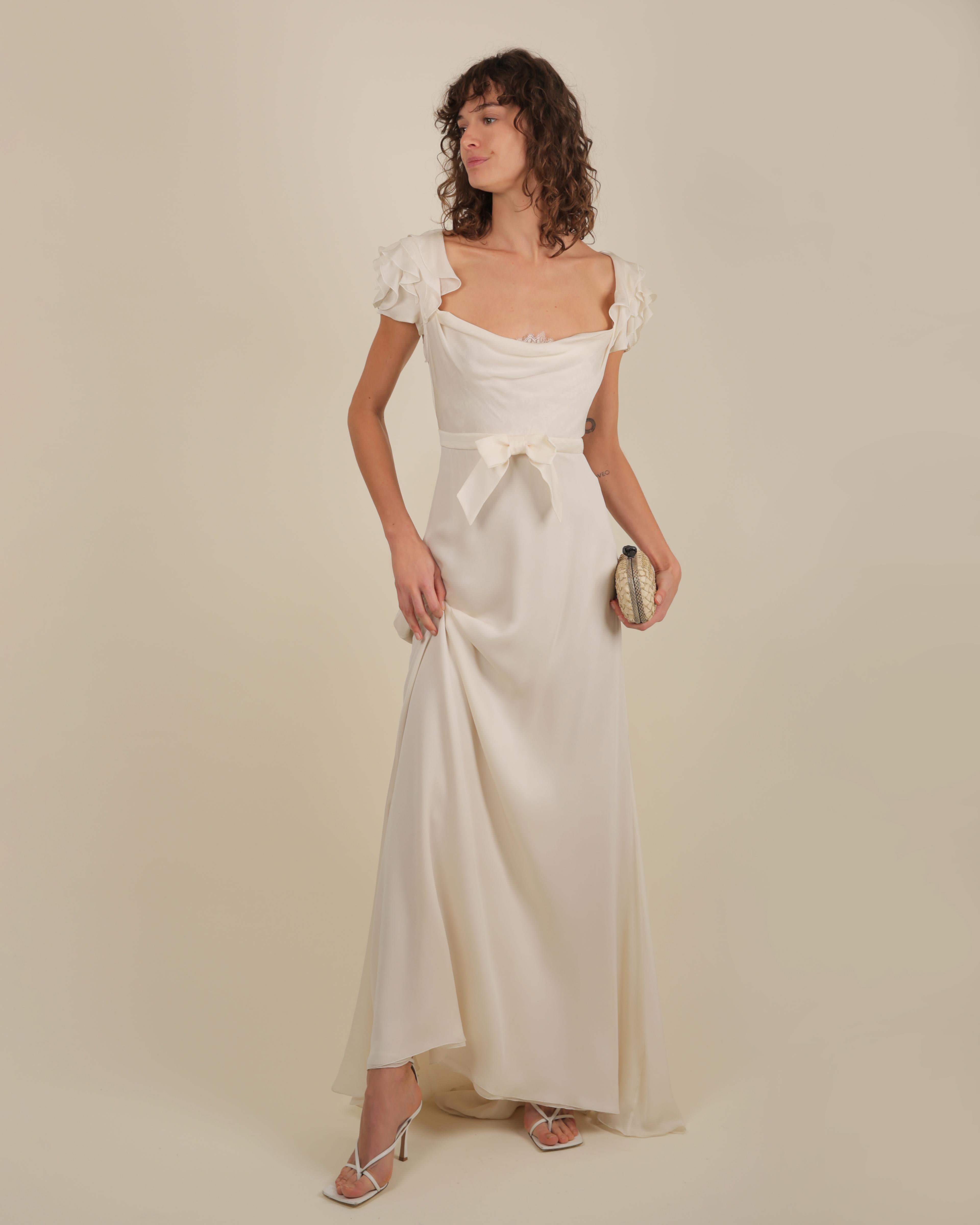 Valentino ivory peekaboo lace bust ruffle sleeve bow train wedding gown dress 6