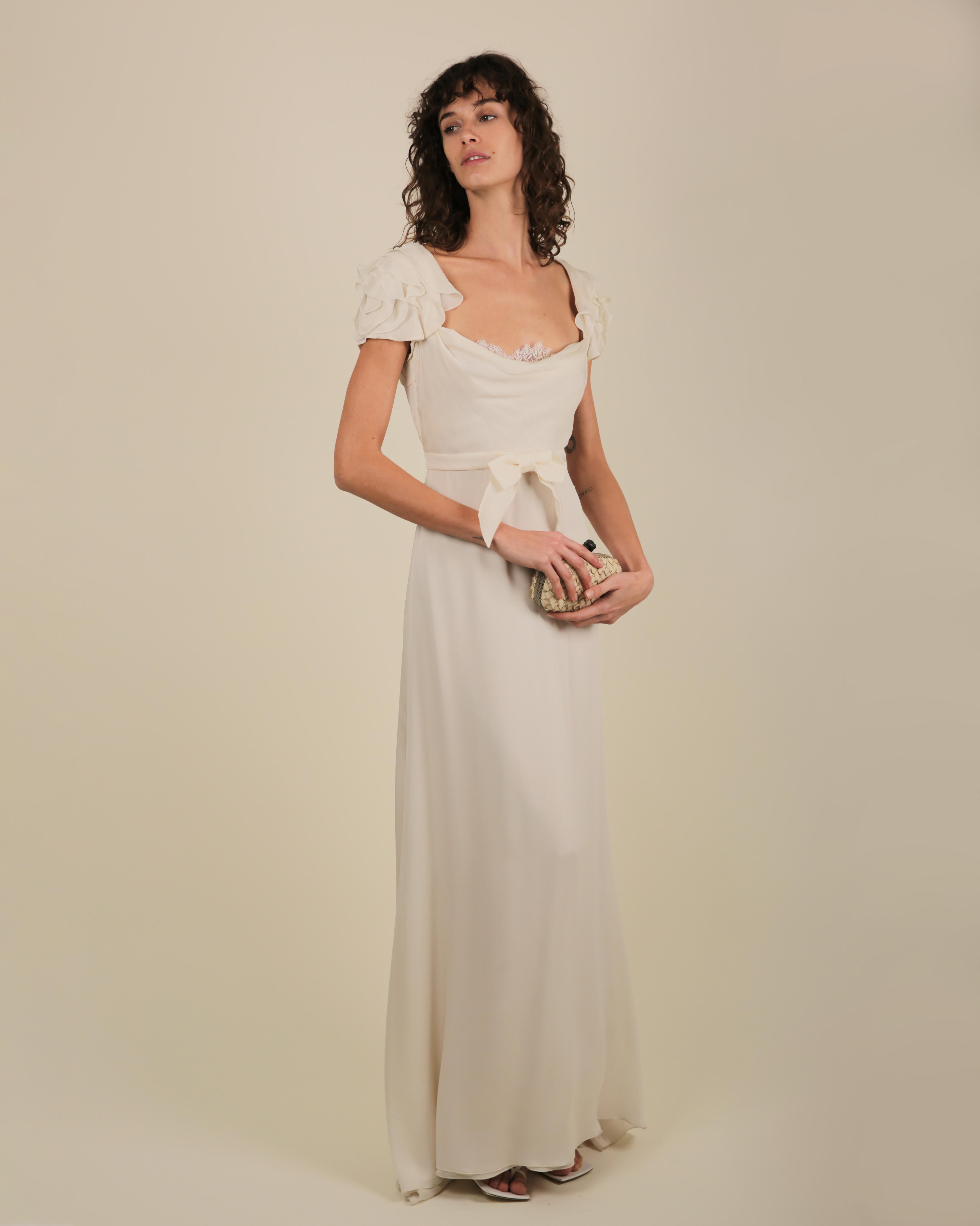 Valentino ivory peekaboo lace bust ruffle sleeve bow train wedding gown dress  7
