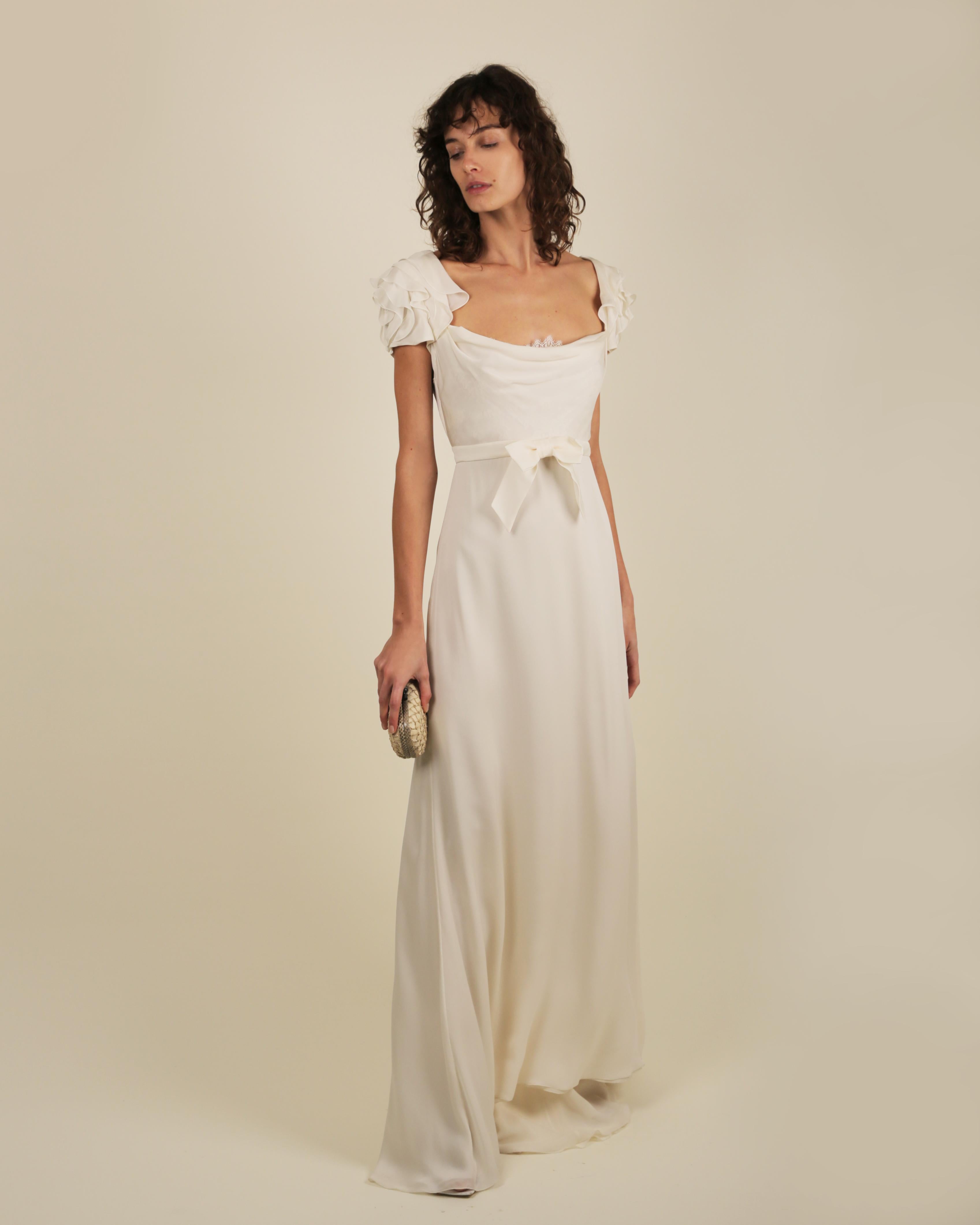 Valentino ivory peekaboo lace bust ruffle sleeve bow train wedding gown dress  10