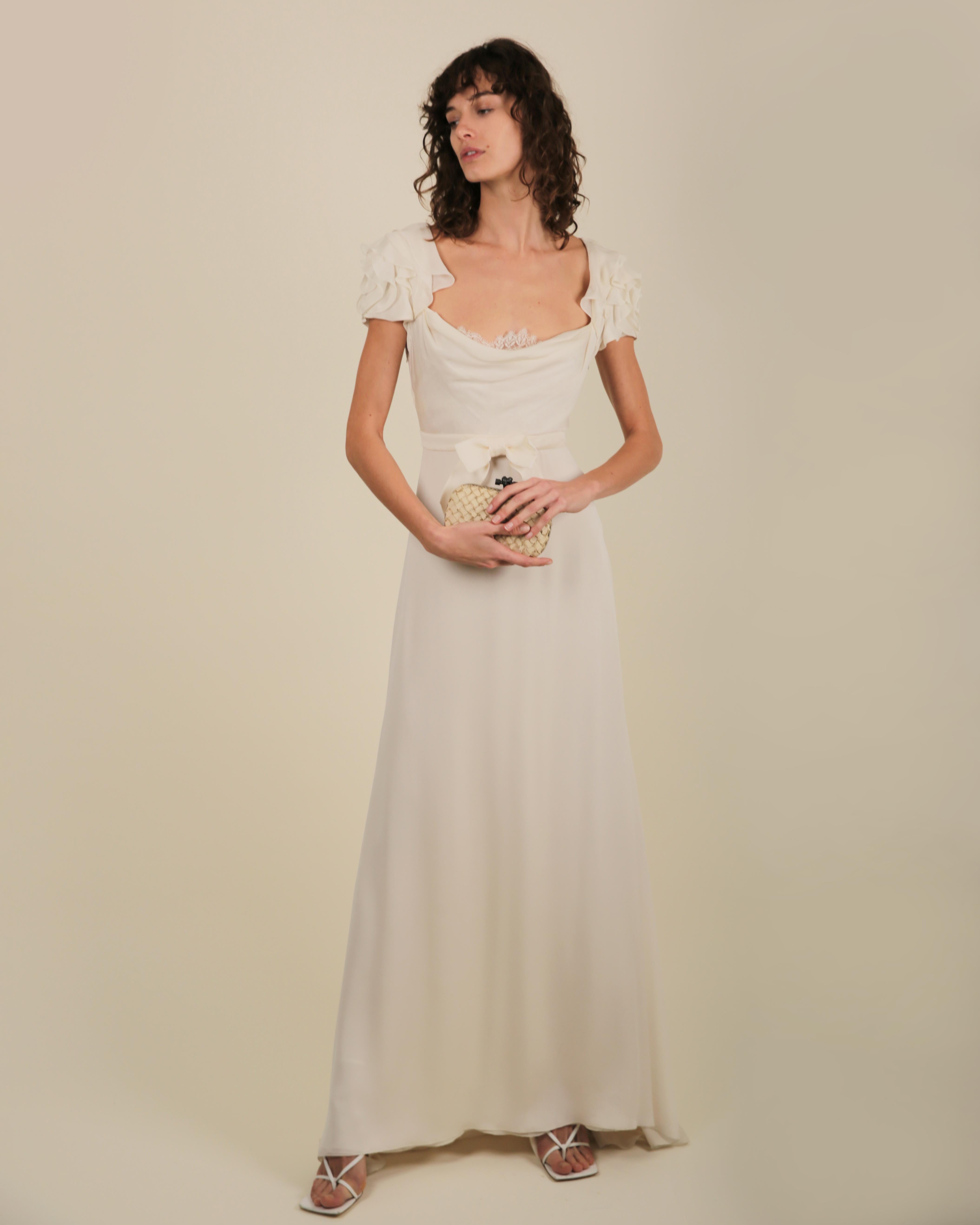 Beige Valentino ivory peekaboo lace bust ruffle sleeve bow train wedding gown dress 