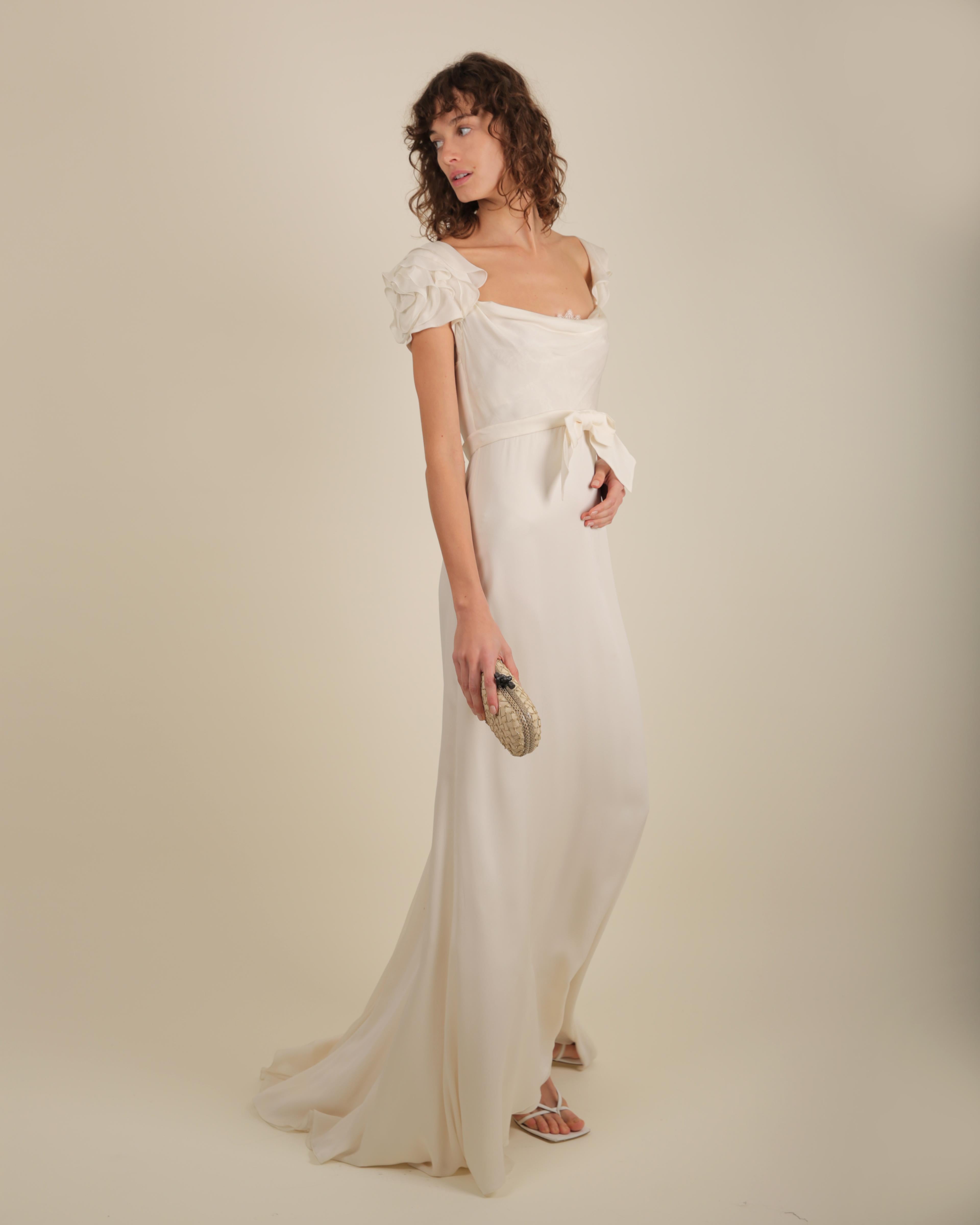 Women's Valentino ivory peekaboo lace bust ruffle sleeve bow train wedding gown dress 