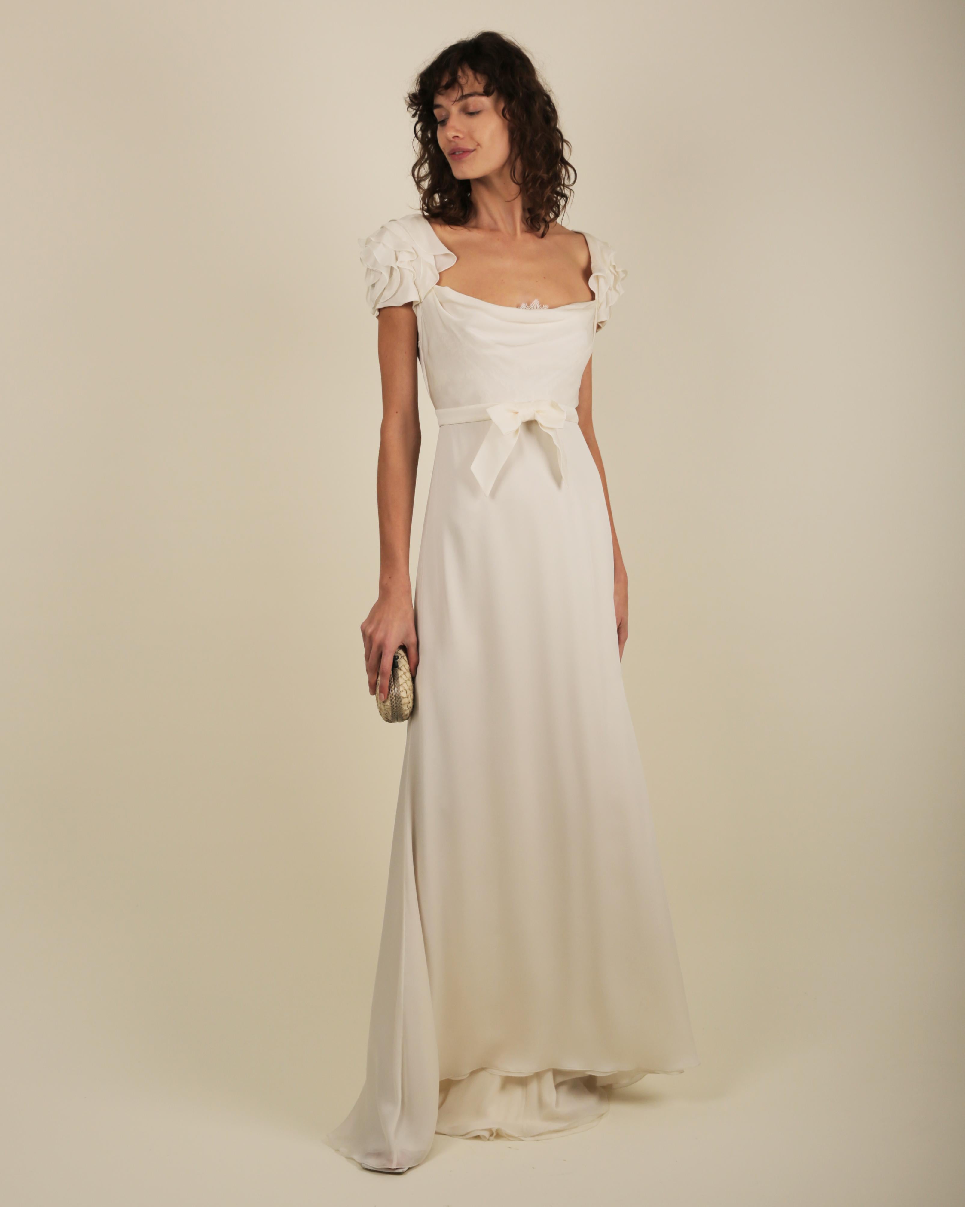 Valentino ivory peekaboo lace bust ruffle sleeve bow train wedding gown dress  1