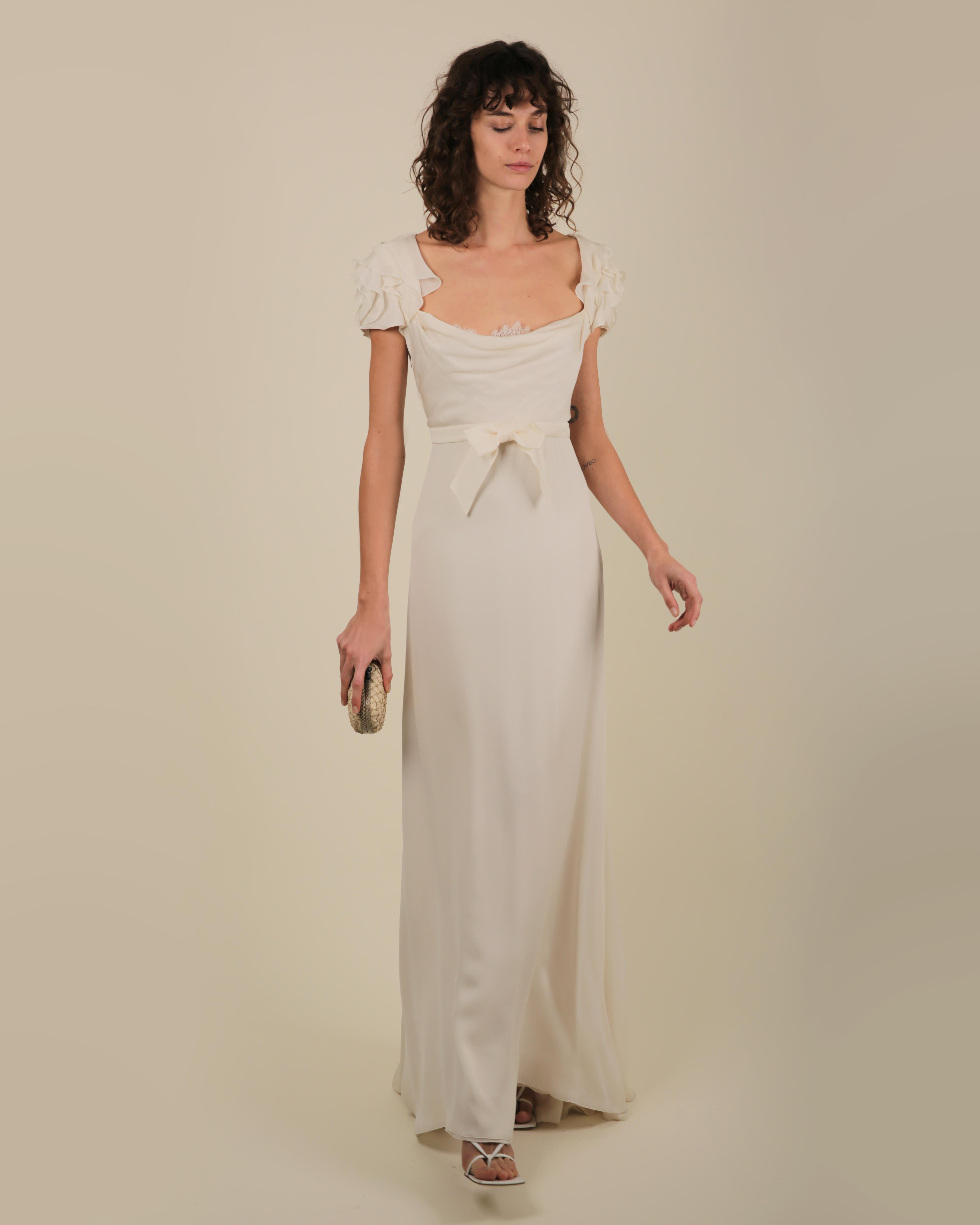 Valentino ivory peekaboo lace bust ruffle sleeve bow train wedding gown dress  3