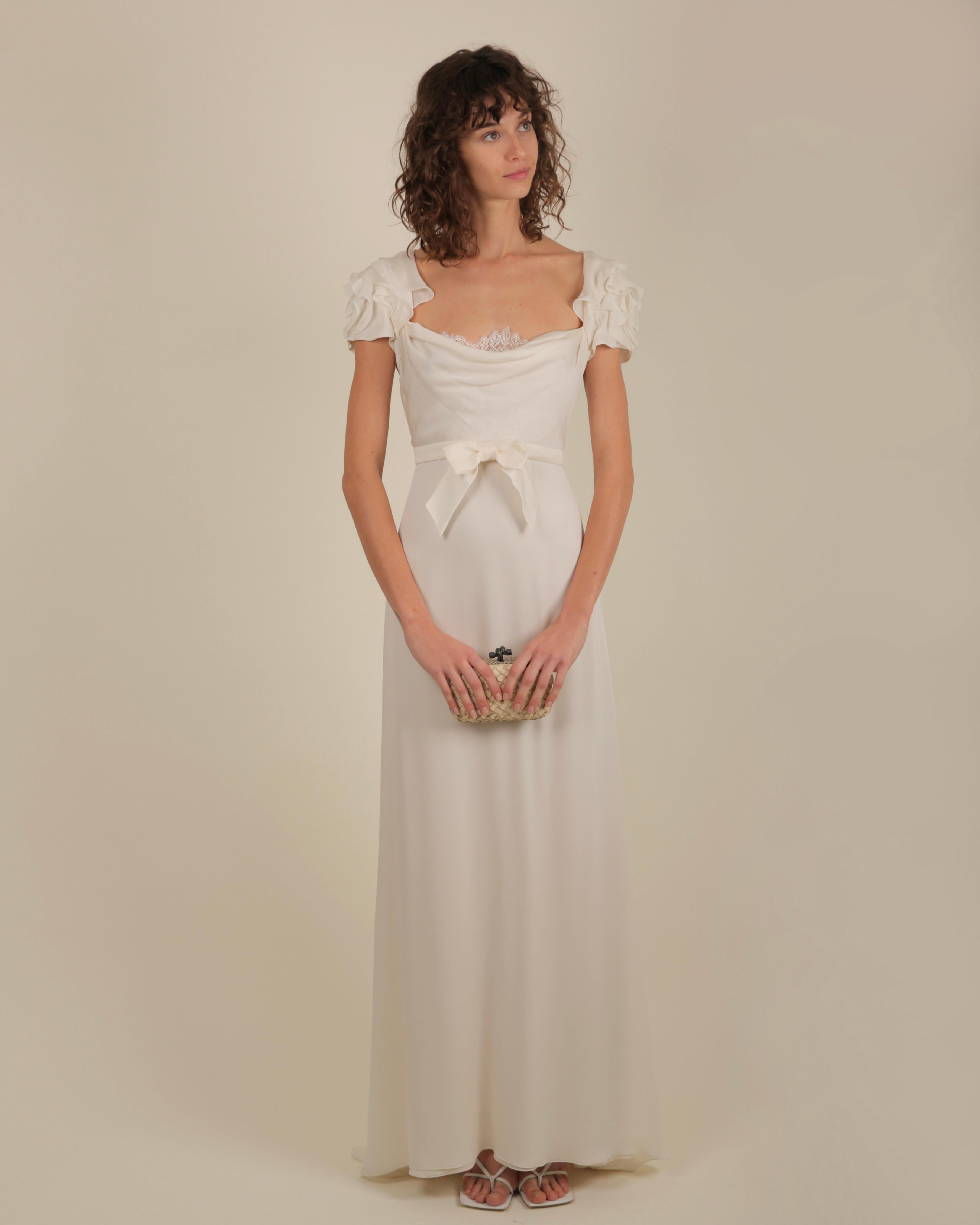 Valentino ivory peekaboo lace bust ruffle sleeve bow train wedding gown dress 4