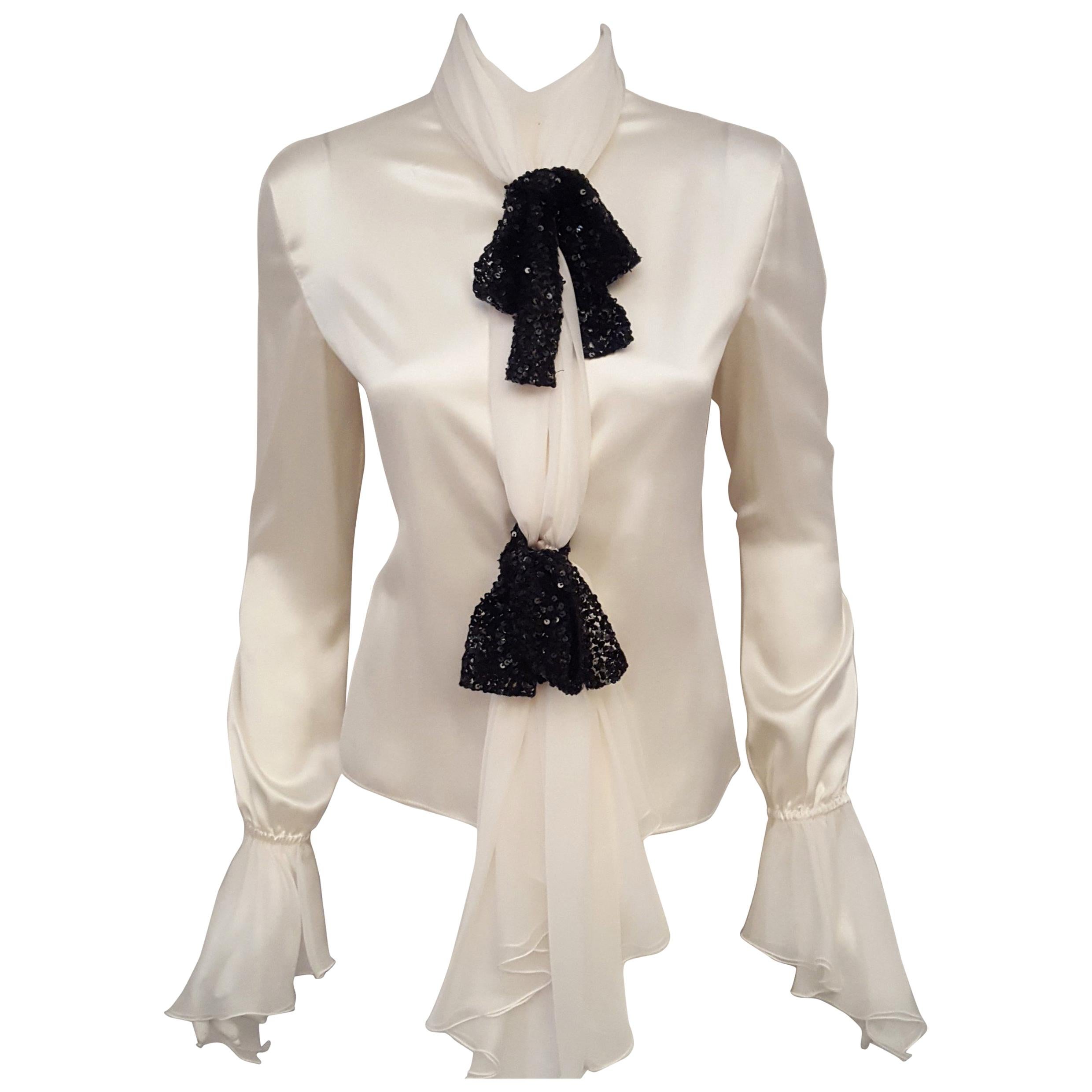 Valentino Ivory Silk Long Sleeve Blouse with Black Sequined Bows Size 10 US For Sale