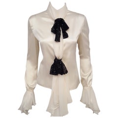 Valentino Ivory Silk Long Sleeve Blouse with Black Sequined Bows Size 10 US