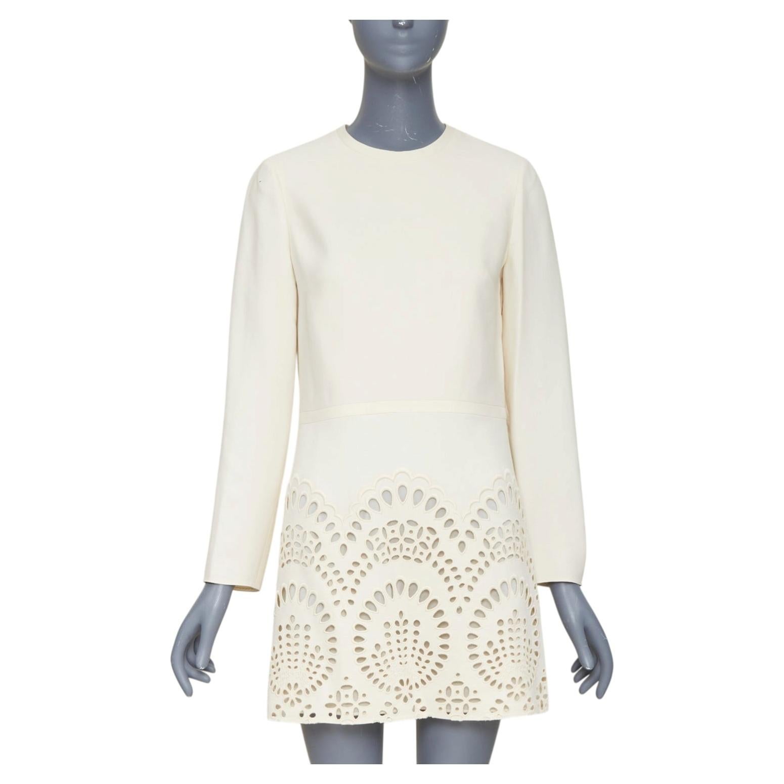 VALENTINO ivory wool silk crepe embroidered anglais shift dress IT40 S