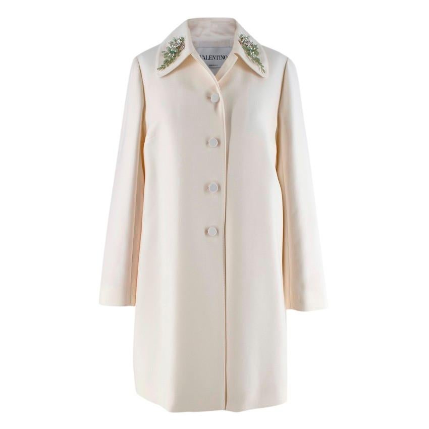 Valentino Ivory Wool Twill Crystal Embellished Collar Dress Coat For Sale