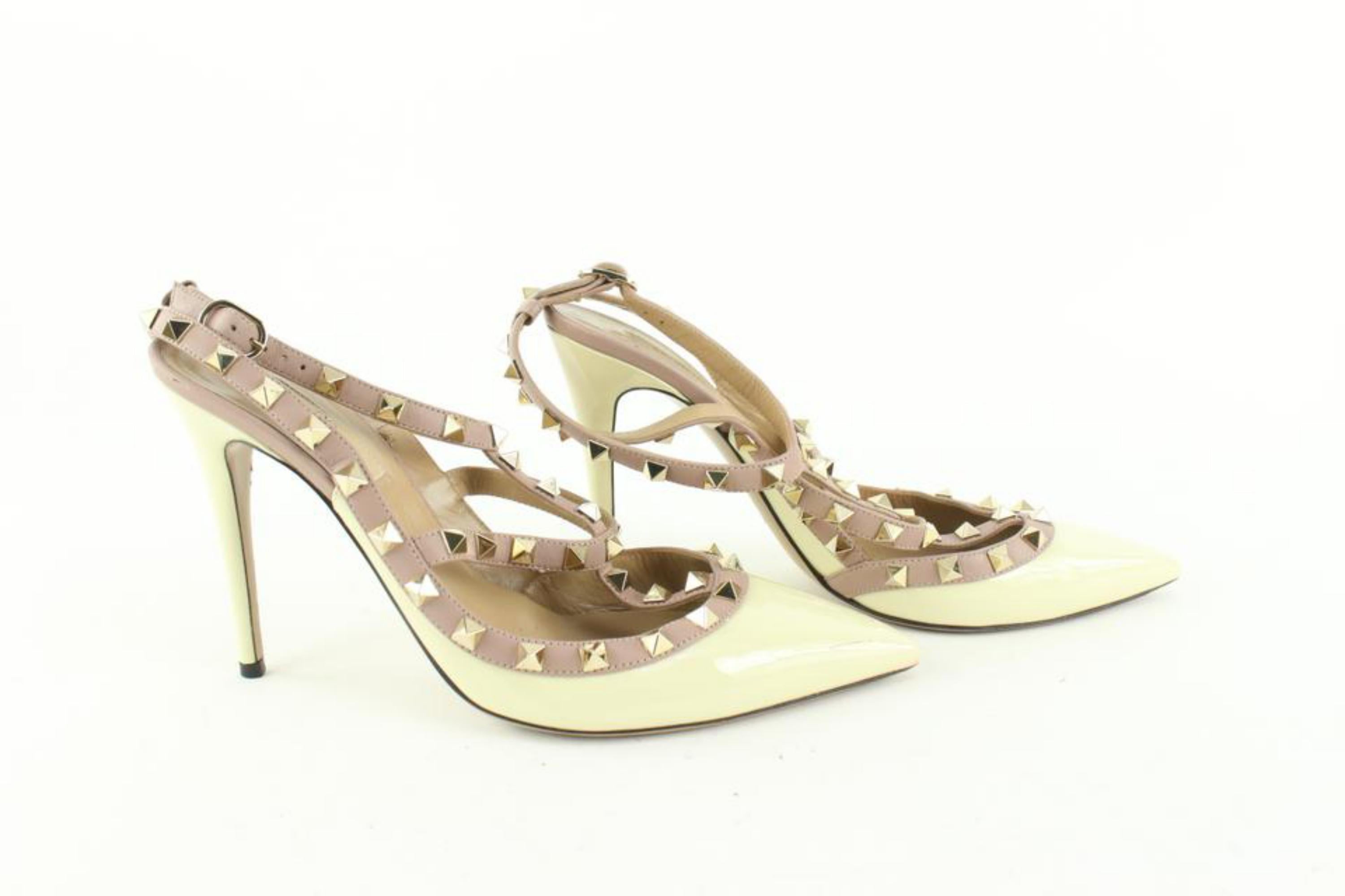 Valentino Ivory x Nude Patent Leather Rockstud Ankle Strap Pump Heels 1223v16
Made In: Italy
Measurements: Length:  10.2