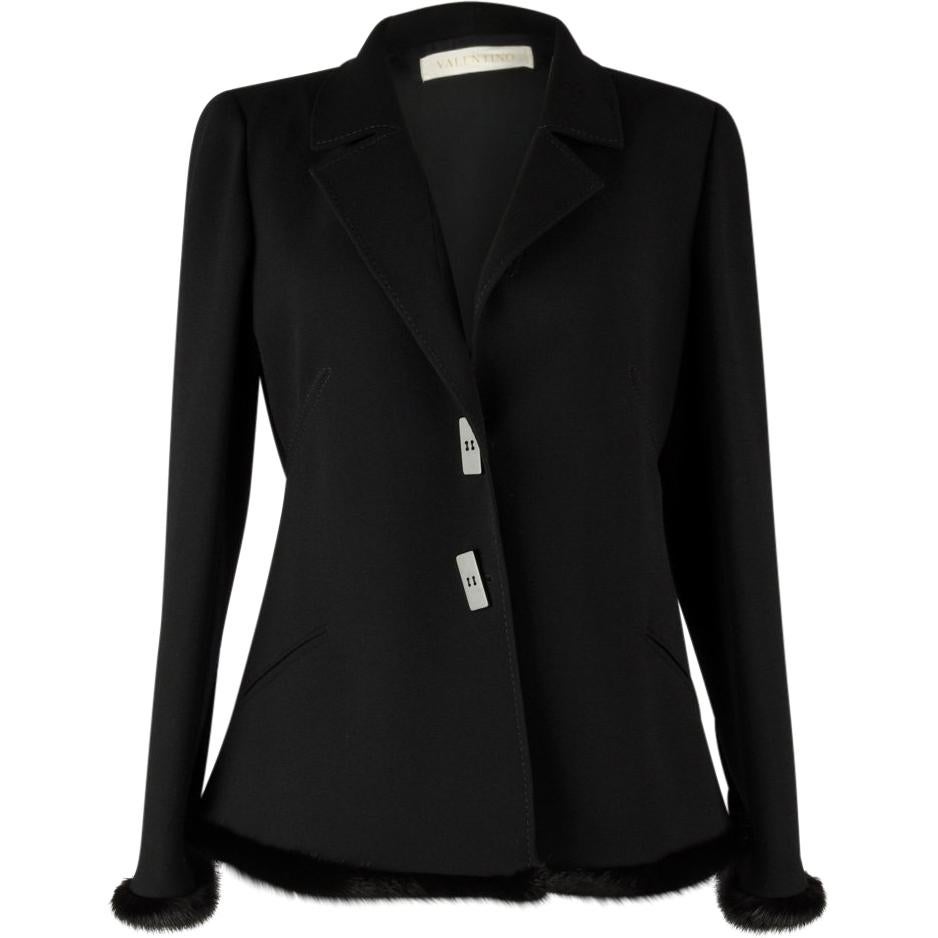 Valentino Jacket Black Wool w/ Mink Trim New 12 For Sale