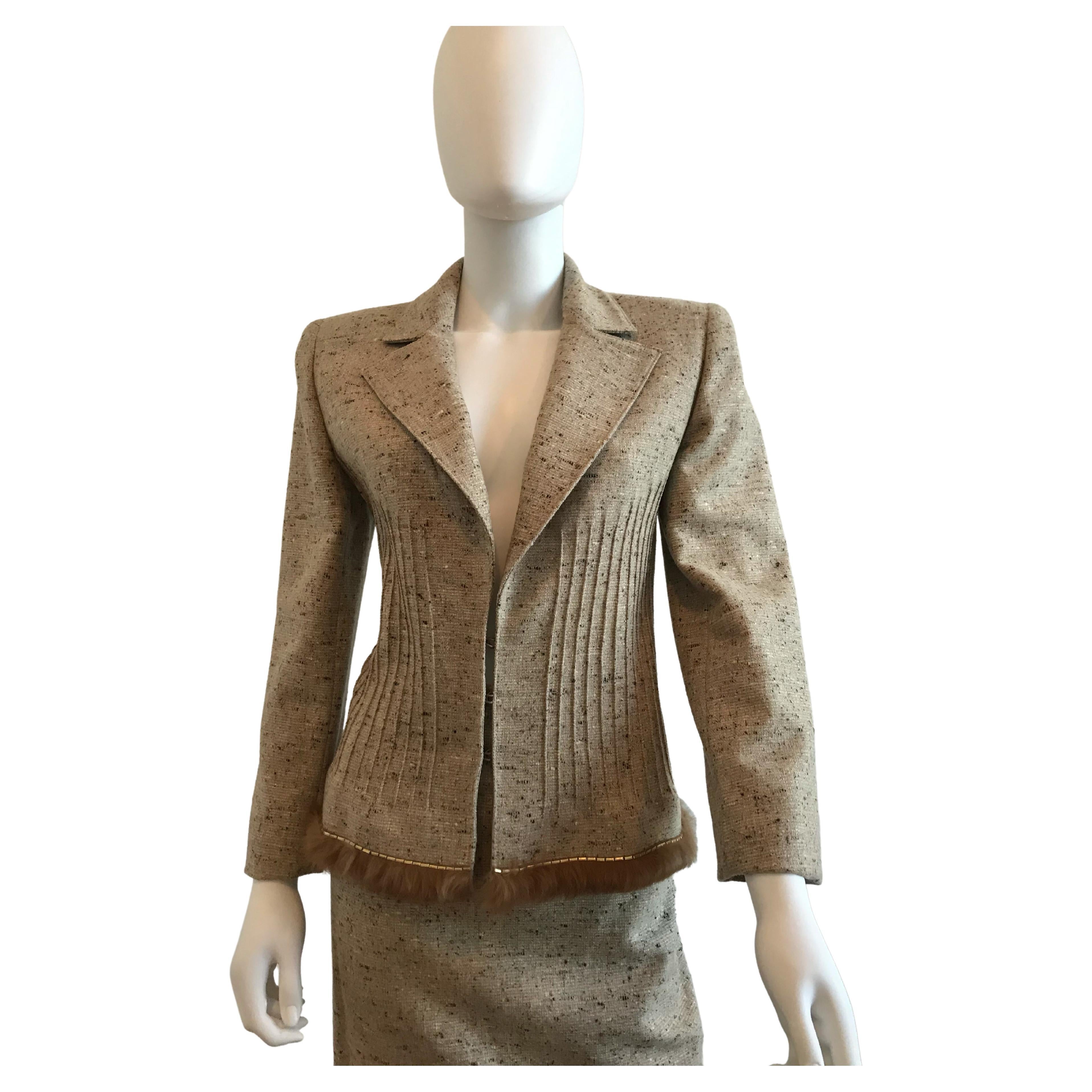 Brown Valentino Jacket & Skirt Set with Fur Trim For Sale