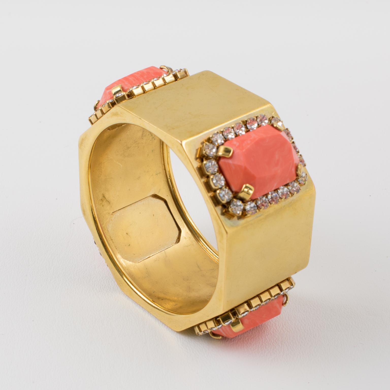 Modern Valentino Jeweled Gilt Metal Bracelet Bangle with Coral Resin Cabochons For Sale