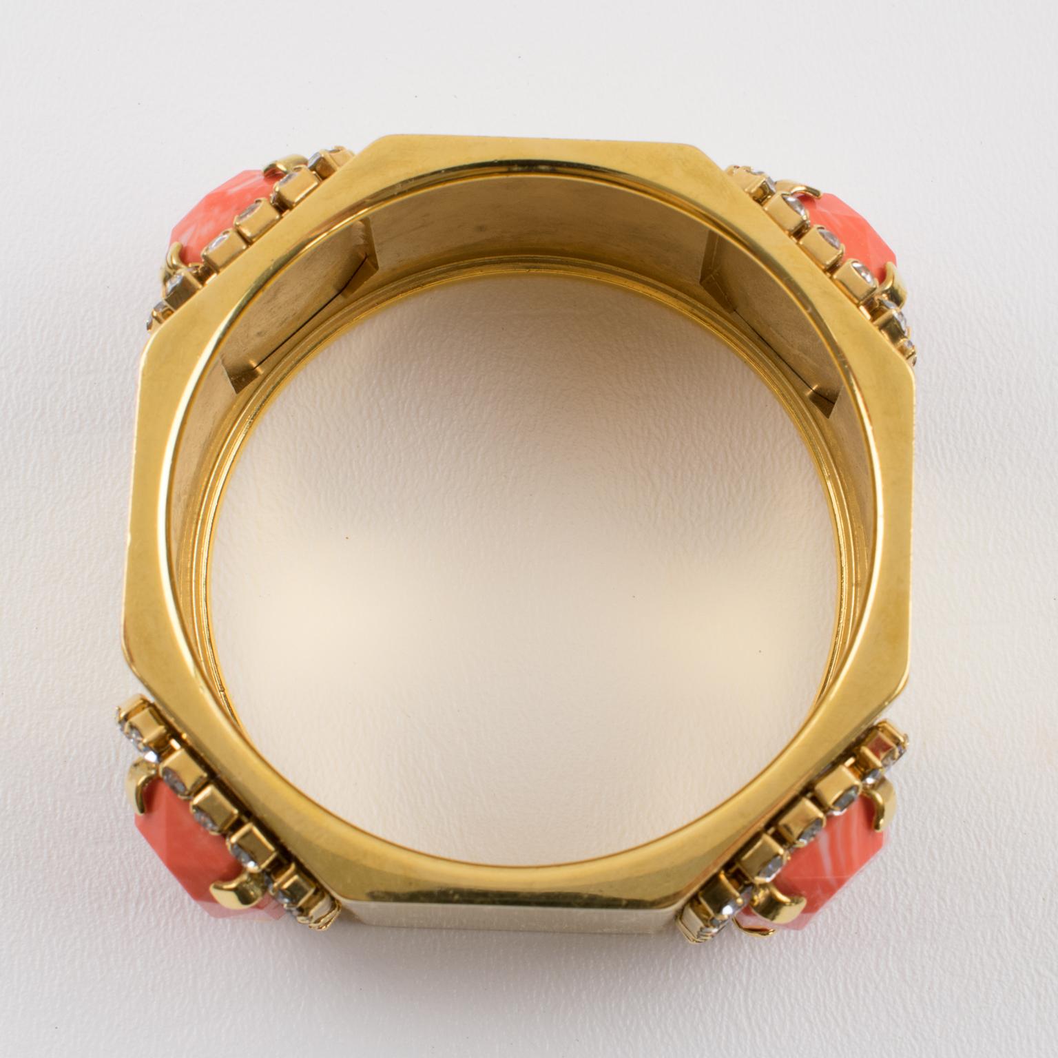 Valentino Jeweled Gilt Metal Bracelet Bangle with Coral Resin Cabochons In Good Condition For Sale In Atlanta, GA